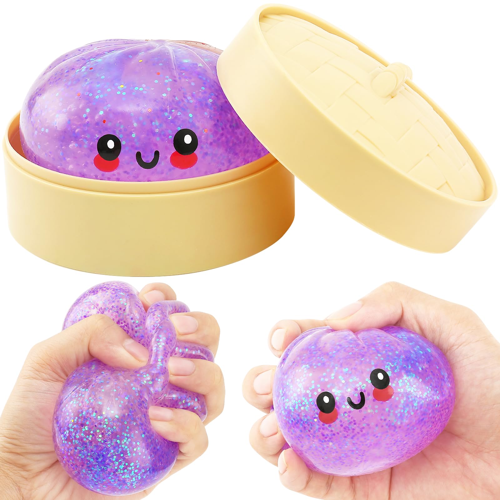 RZCOMP Dumpling Squishy Glitter Dumpling Squishy Toys with Plastic Steamer Box,Big Dumpling Squishy Stress Relief Fidget Novelty Squeeze Toys Gift for Adults & kids (Purple) — image 1