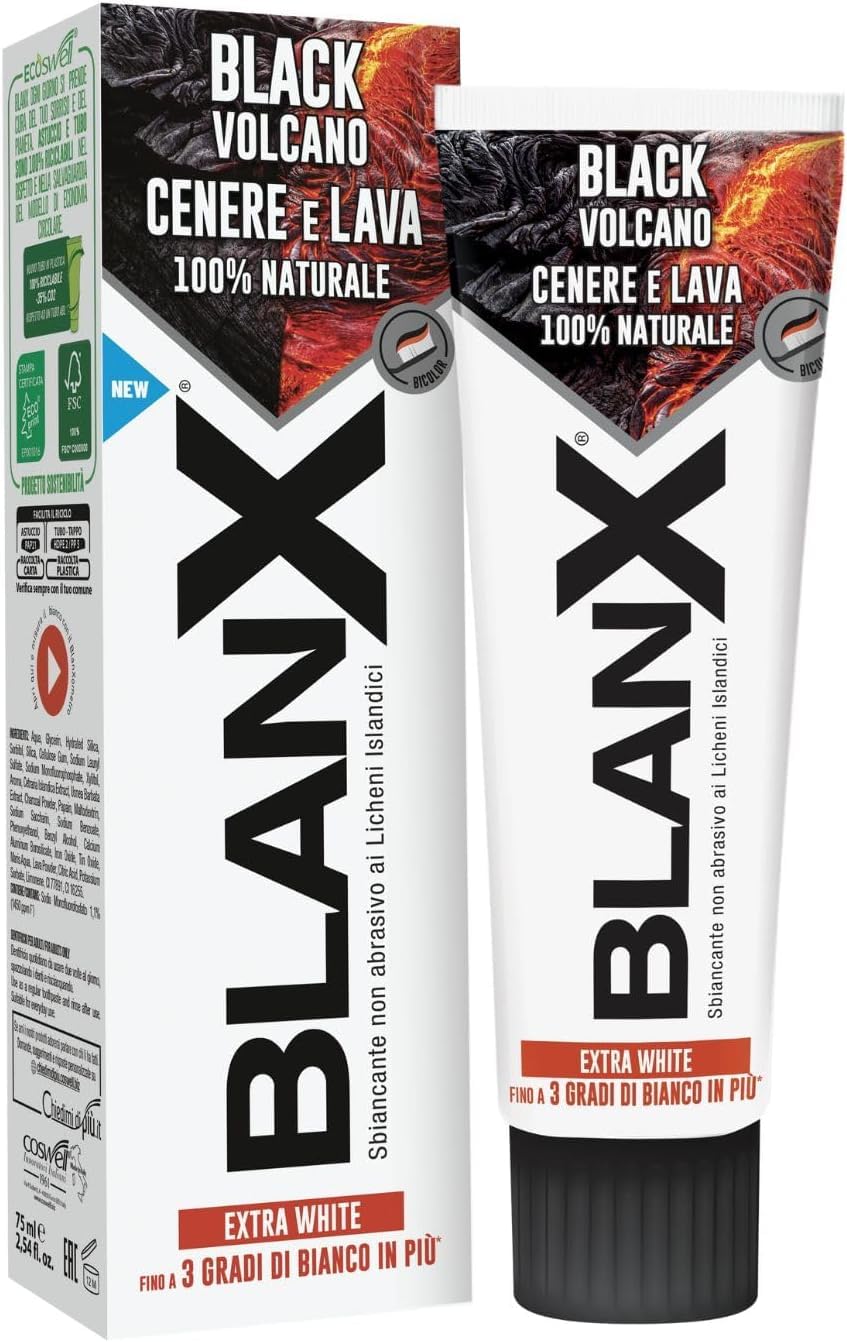 BlanX Dentifricio Black Volcano, Dentifricio Sbiancante, dentifricio sbiancante con lichene islandese e cenere vulcanica da 75 ml + portachiavi in omaggio Beni Culinari