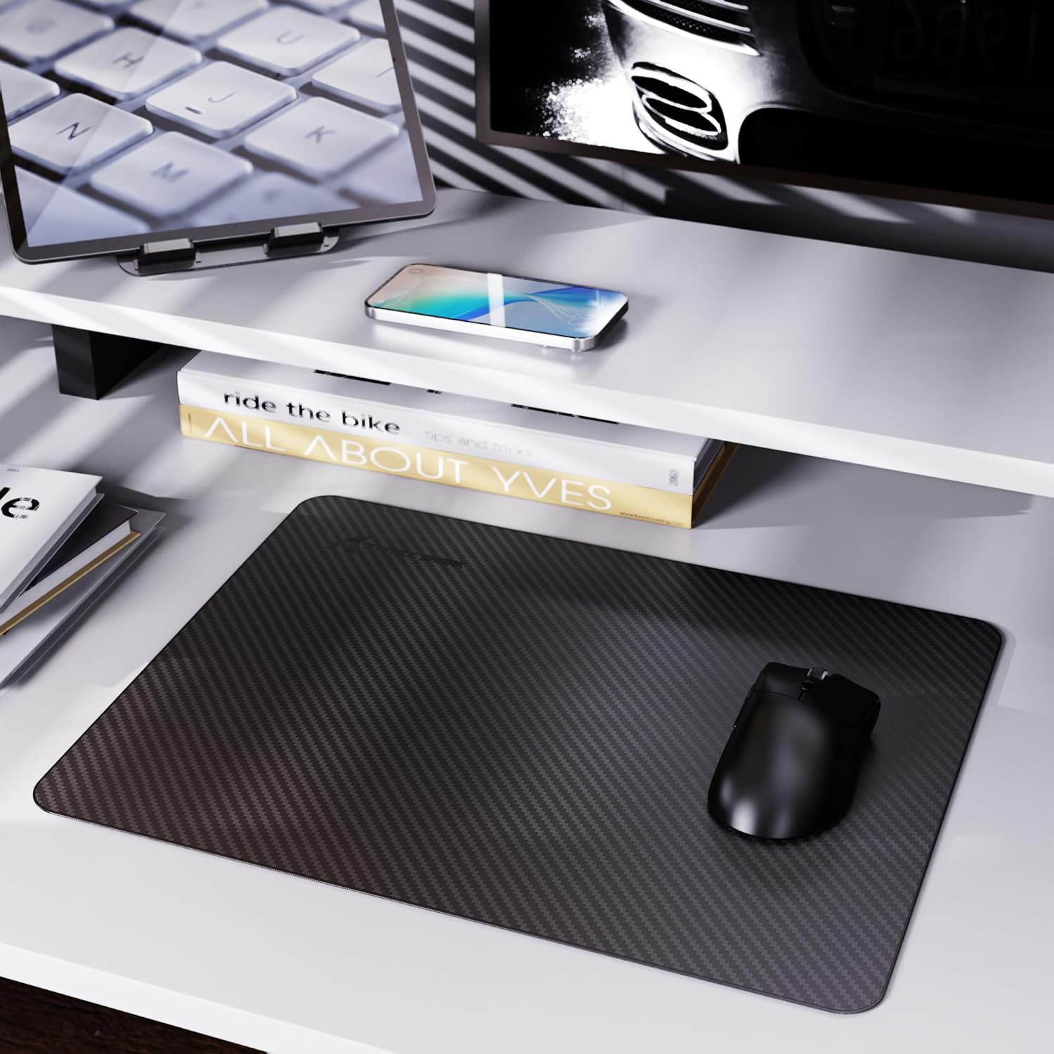 ATTACK SHARK CM04 Carbon Fiber Gaming Mouse Pad,Esports Mouse Mat G240,Durable Non-Slip Natural Rubber Base,High Temperature Resistant & Waterproof Desk Mat for Gamer/Desktop/Office/Home(360x280mm)