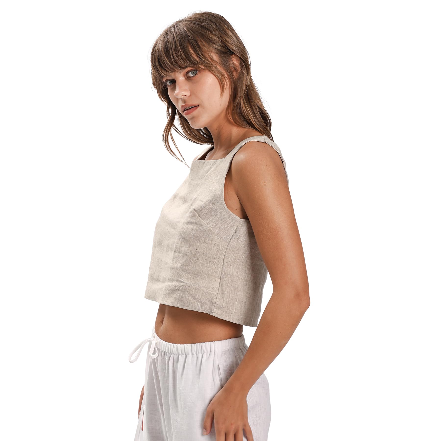 Amazhiyu Top da donna, estivo, 100% lino, casual, senza maniche, scollo quadrato, camicetta in puro lino per UK S-XL
