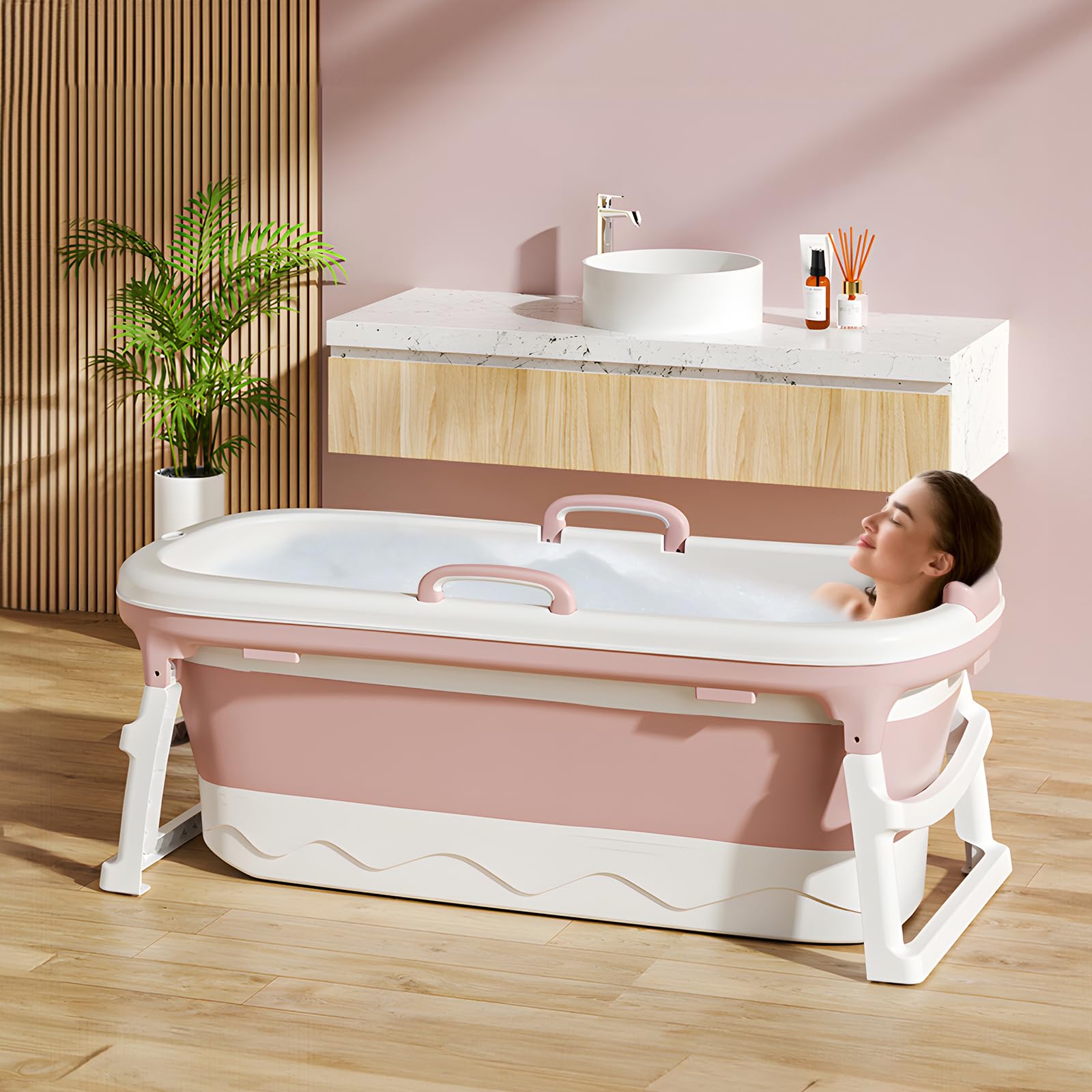 Warmiehomy Baignoire portable pour adulte, 138 x 62 x 52 cm, grande baignoire pliable, baignoire épaisse sur pied, baignoire de massage à la vapeur avec couvercle, baignoire de sauna à la maison pour