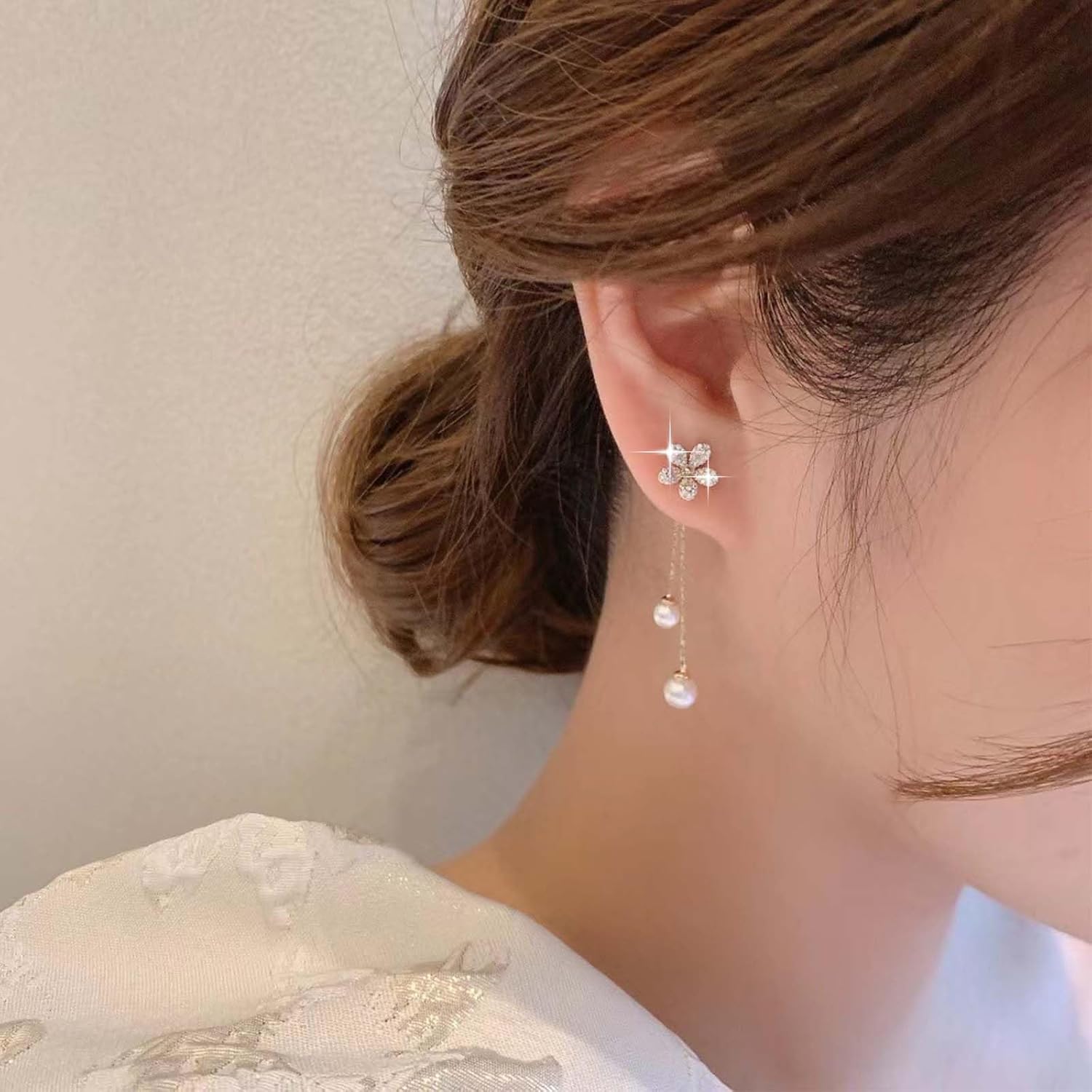 Vintage Pearl Ear Jacket Earrings Crystal Flower Stud Earrings Long Pearl Drop Front Back Long Tassel Chain Dangle Jewelry for Women - Image 2