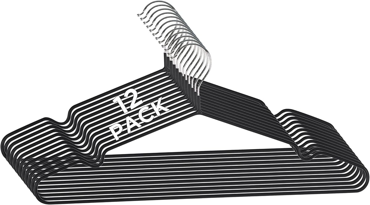 12 Pack Metal Hangers | Dimensions: 15.75"x 7.28"x 0.16" | Space Saving | Durable | Closet Organization | Black
