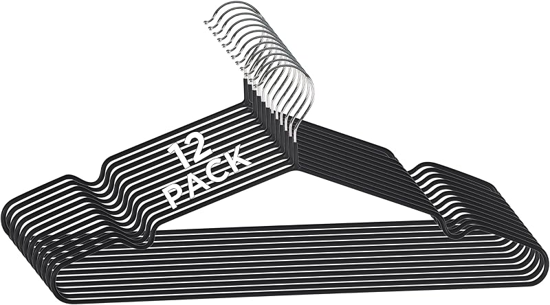 12 Pack Metal Hangers | Dimensions: 15.75"x 7.28"x 0.16" | Space Saving | Durable | Closet Organization | Black