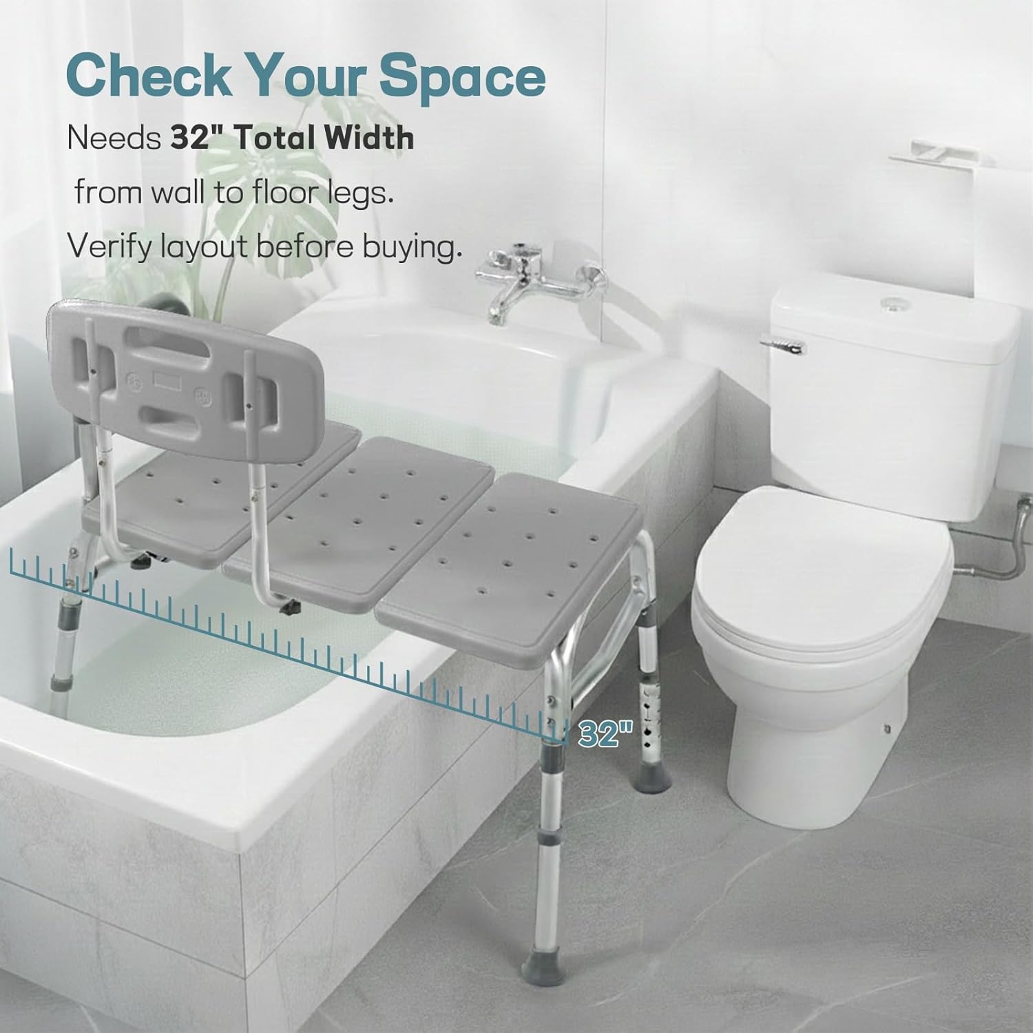 Tub Transfer Bench for Bathtub, Height Adjustable Shower Bench with Backrest, Shower Chair Bath Seat for Elderly, Seniors, Arm Support for Transfer-Gray