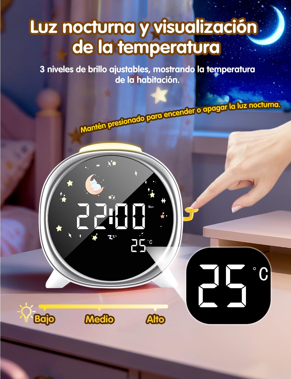 LIORQUE Despertador Infantil con luz Nocturna, Reloj Despertador Niños con Entrenamiento del Sueño, Alarmas Duales y Función Snooze, Modo Fin de Semana y Visualización de Temperatura