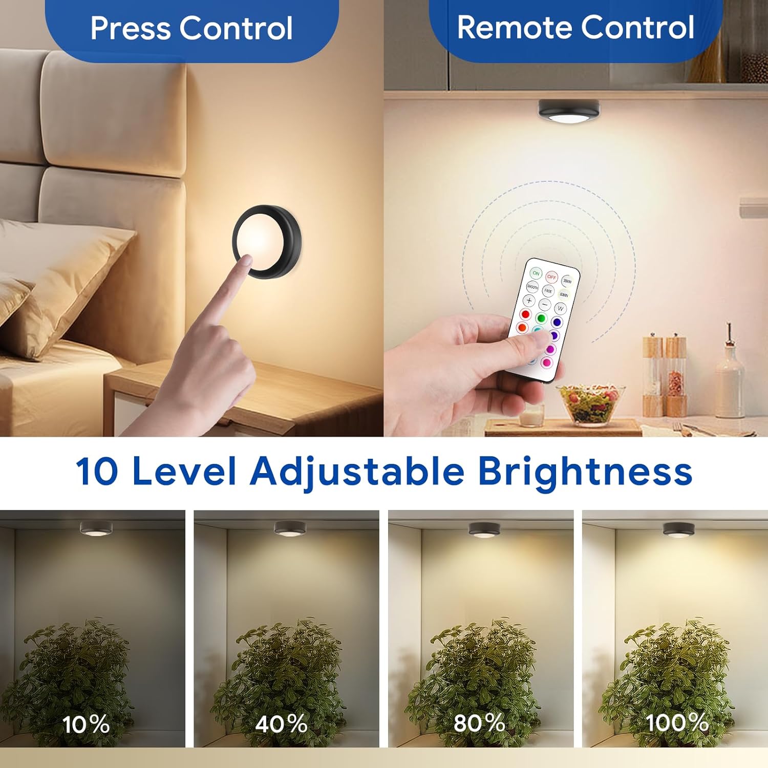 Yiliaw LED Puck Lights with Remote Control, AA Battery Operated, 12 Color Closet Under Cabinet Lighting, Push Tap Light, Under Counter for Kitchen, 12 Pack, Black-Magnetic