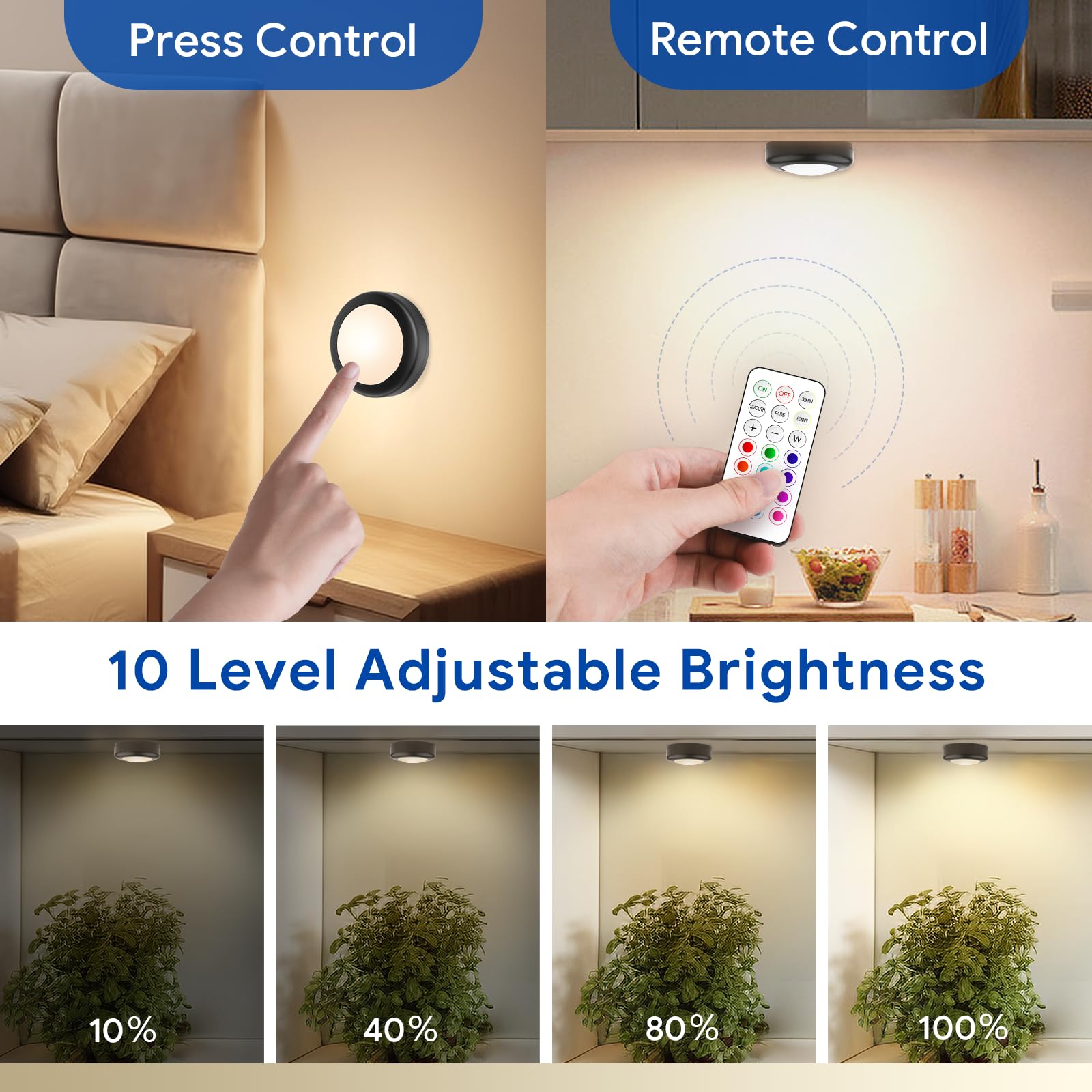 Yiliaw Luces LED con mando a distancia, funciona con pilas AA, 12 colores, iluminación para debajo de los muebles, luces de impresión, iluminación para armario de cocina, paquete de 12 unidades, color