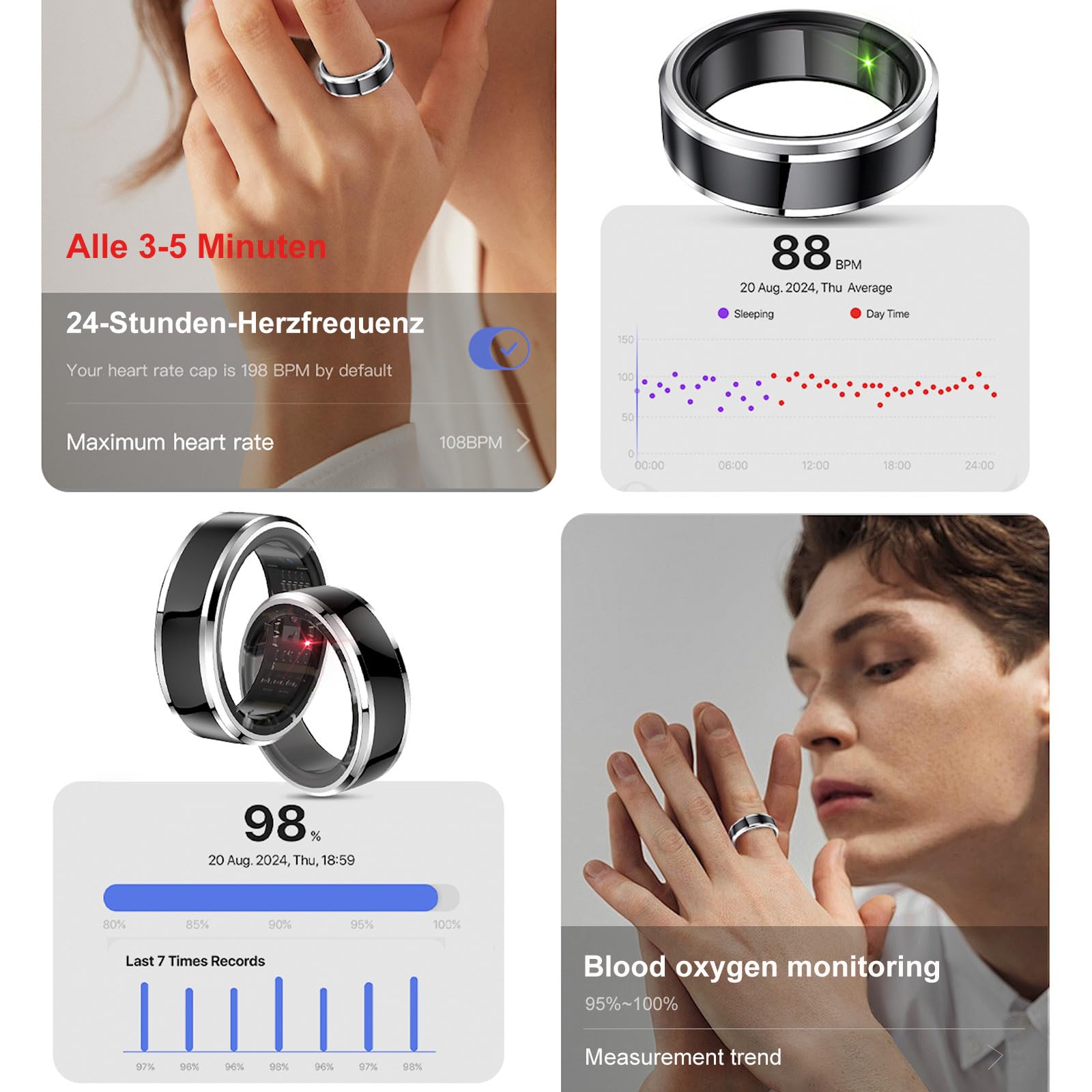 findtime Smartring Smart Ring Android iOS Fitness Ring Tracker Anello Smartracker per uomo e donna, cardiofrequenzimetro, contapassi, monitoraggio del sonno, anello intelligente argento e oro