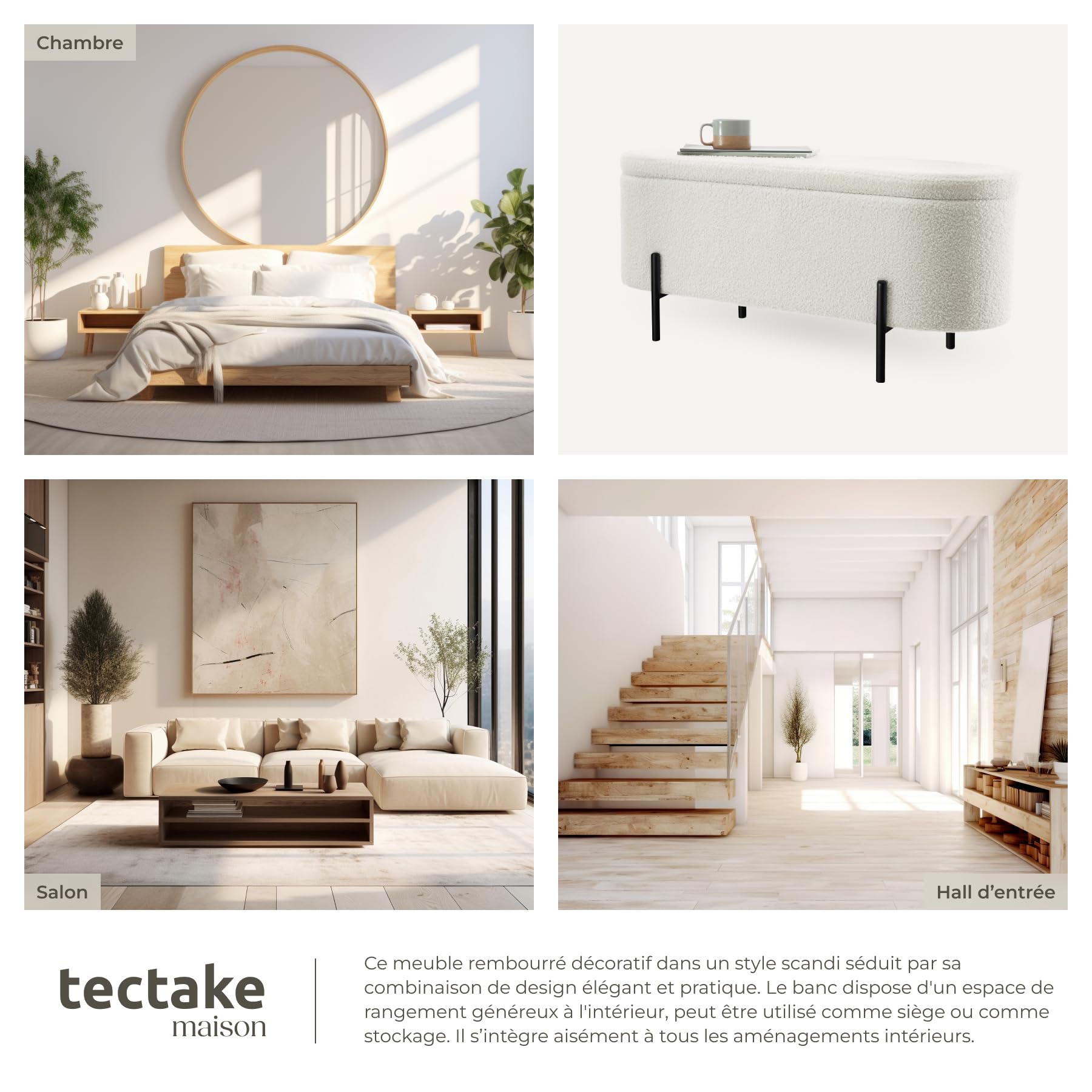 tectake® Banc de Rangement Bout de lit Coffre Bouclette Banc Entree Pouf Chambre Dressing Chambre Adulte Repose Pied Tabouret Coiffeuse Meuble Salon Maison Cosy Coffre a Jouet Meuble Rangement Enfant
