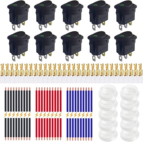 Miniatura 18 de Ampper - Interruptores basculantes redondos impermeables de 12 V y 20 A, CC de 3 pines, 0.787 in, iluminados en apagado, con cables y terminales Rojo