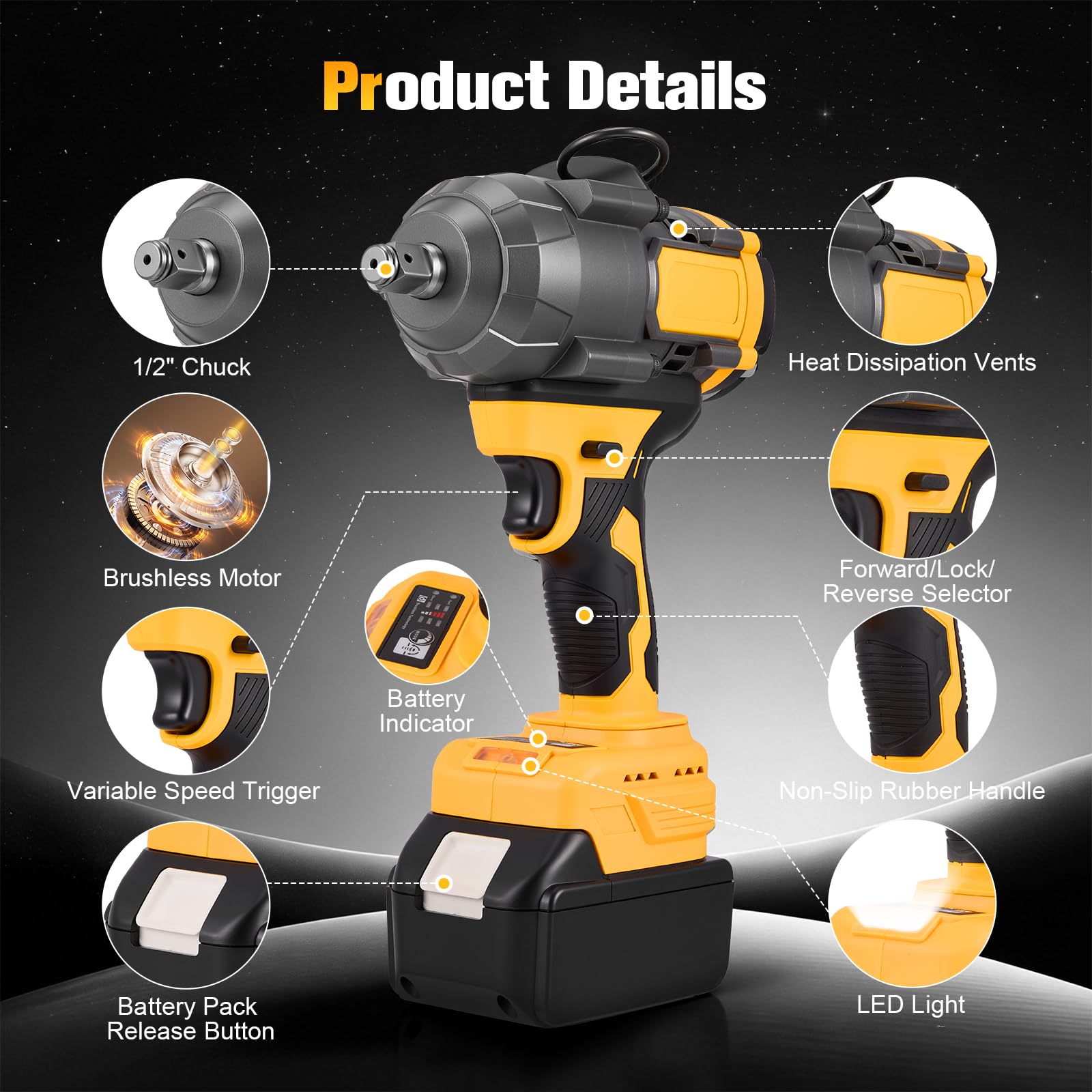 Pistola de impacto bateria 1000N con 2 baterías, 3 velocidades variables y luz LED, Potente Llave de impacto, para reparaciones de automóviles y proyectos de bricolaje