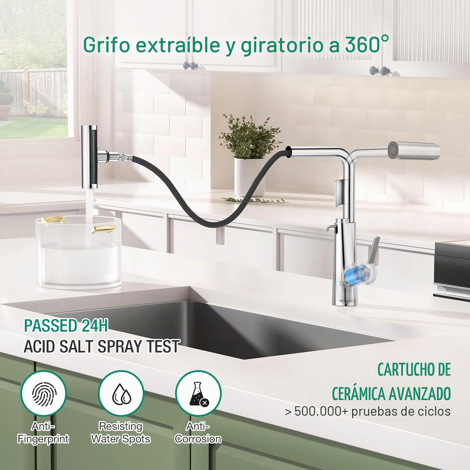 CREA Grifo de cocina Fregadero Cocina Extraíble Cascada, dispensador de jabon para fregadero, Grifo de Cocina Fregadero con Ducha de 4 Modos de Rociado Giratorio a 360°, Acero Inoxidable