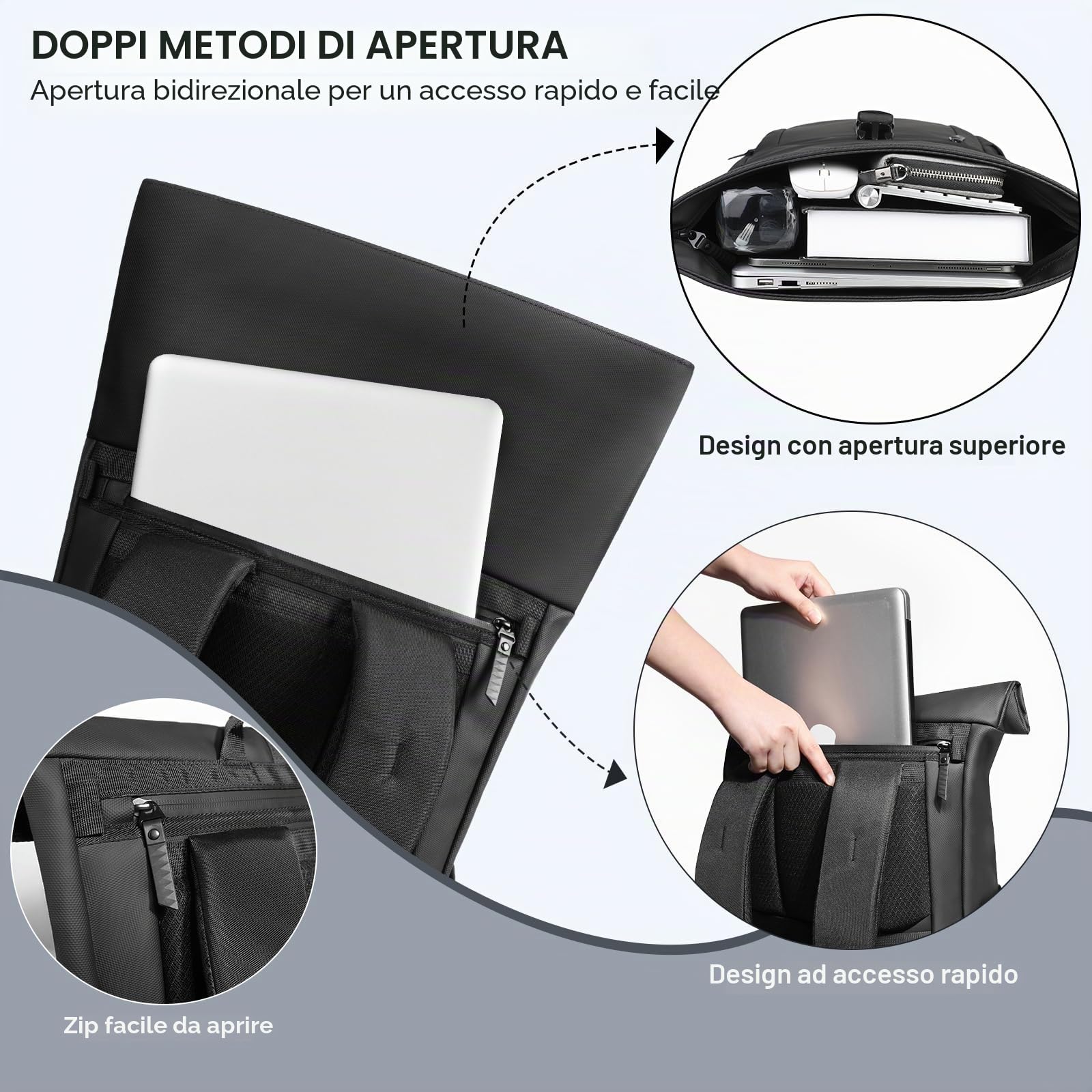 hk Zaino Roll Top Uomo Donna, Espandibile Zaino Porta PC 15,6 Pollici | Antipioggia e Antifurto per Tempo Libero, Ufficio, Università, Pendolari, Nero(20‑27 L)
