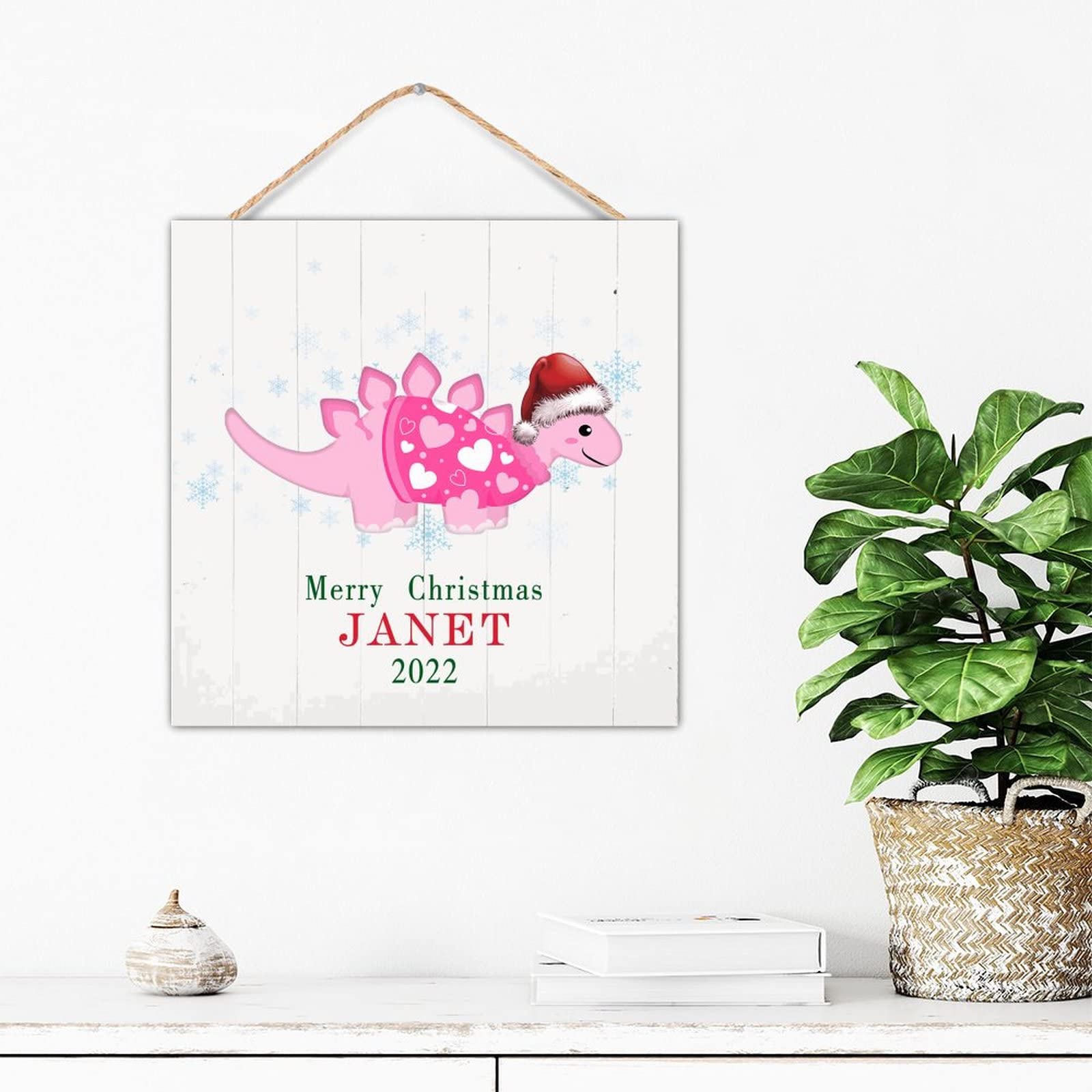 Dinosaure avec chapeau de Père Noël décor en bois noble | Plaque murale de qualité 30 cm