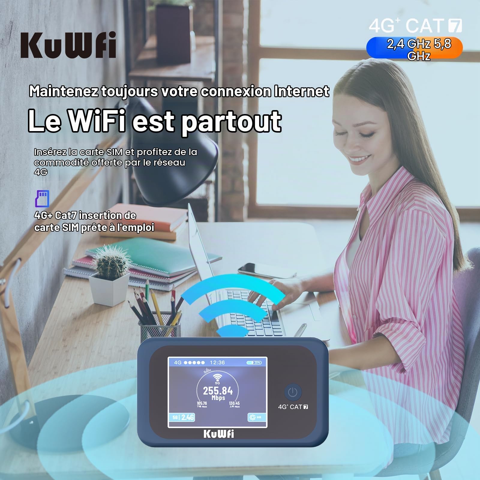 KuWFi Routeur WiFi 4G+ Portable, Hotspot LTE Cat7 Débloqué pour Voyage | Routeur WiFi Double Bande 300 Mbps, Batterie 3000 mAh, Carte SIM 2 Go Incluse, Idéal pour Camping-car, Voyages et Télétravail