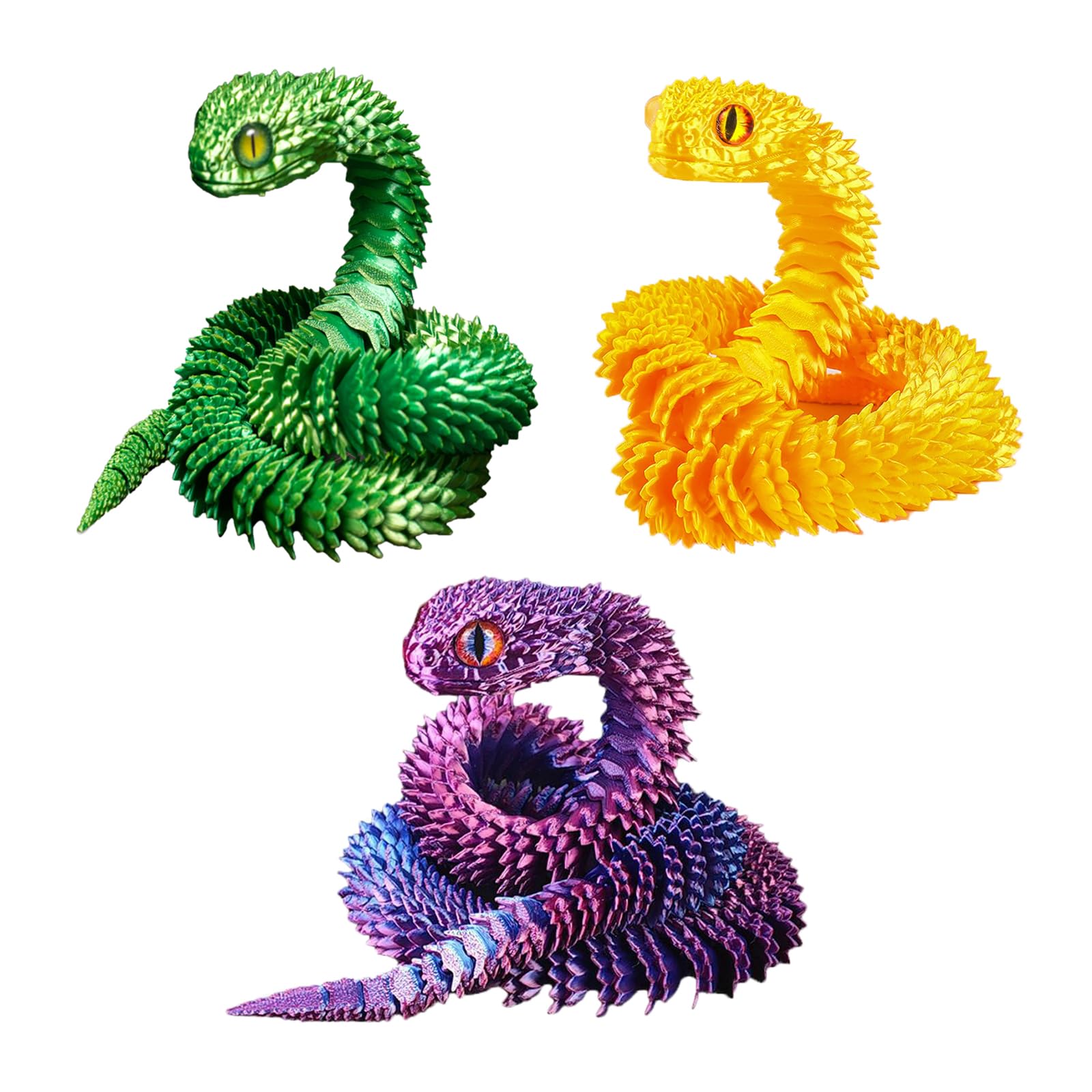 3D Printed Articulated Snakes Set (11.8 in, 3 Pieces)  Flexible Articulated Snake Animal Fidget Toys for Autism/ADHD (Purple,Green,Gold)
