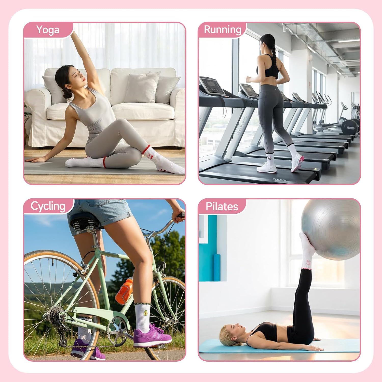 5 Pcs Grips Pilates Socks for Women, Ruffled Cute Patterned Cotton Yoga Socks for Barre Hospital Sticky Slipper