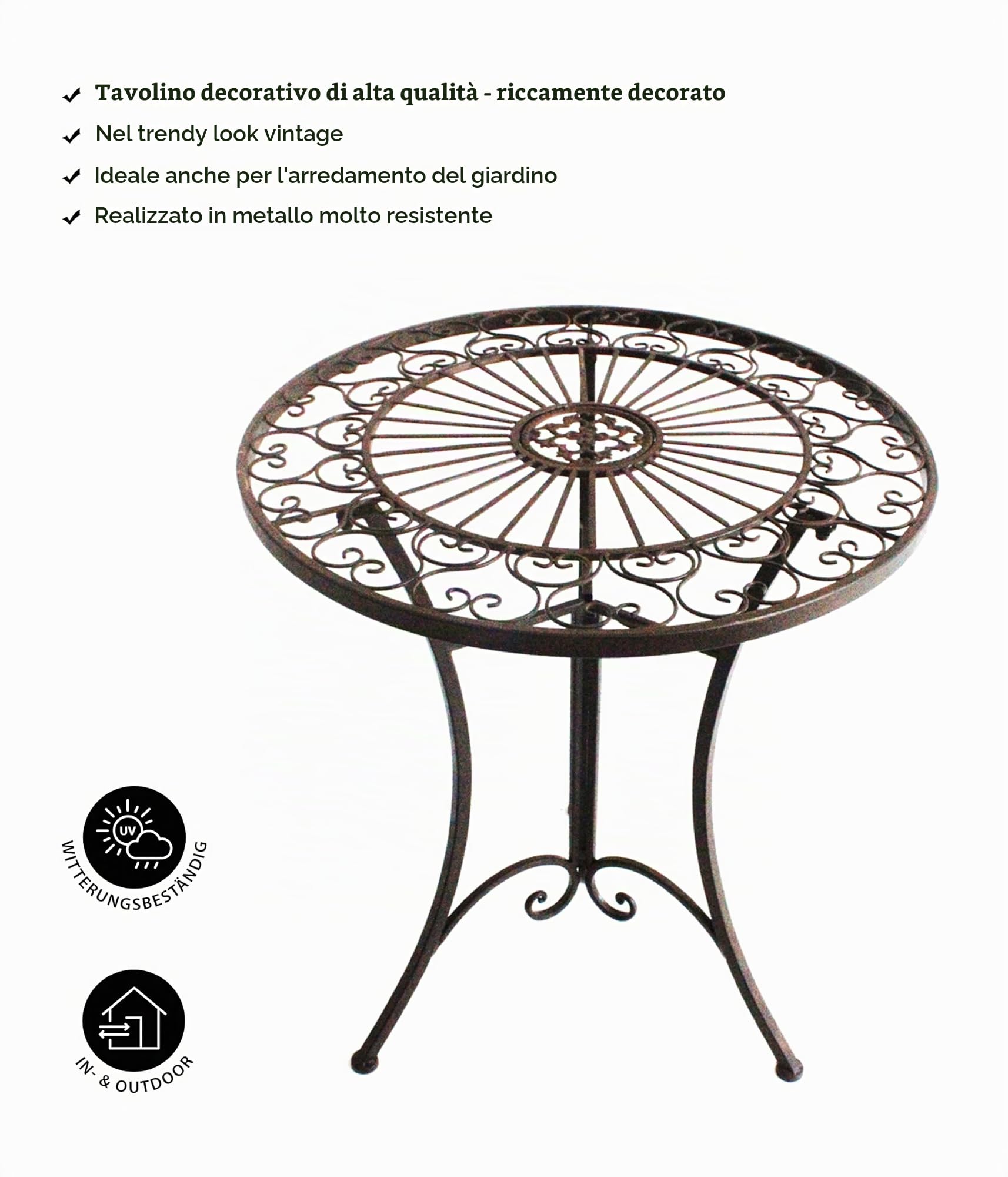 Dehner Tavolo da giardino anticato, resistente alle intemperie, per interni ed esterni, ca. Ø 61 cm, altezza 72 cm, ferro, marrone scuro