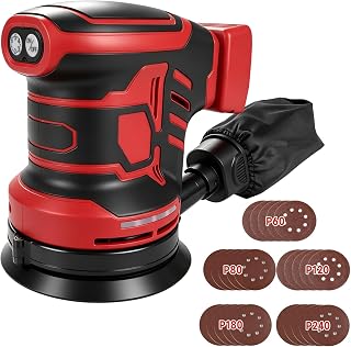 Brushless Random Orbital Sander Compatible with Milwaukee M18, 125mm Brushelss Electric Random Palm Sander with 25pcs Sandpaper, 6-Speed Rotation Max 21000RPM (Red for Milwaukee)