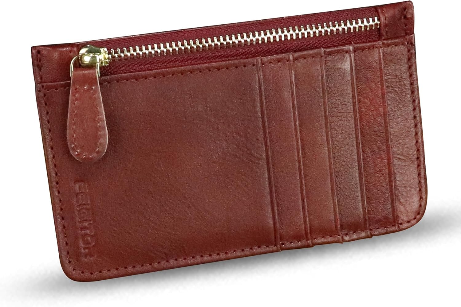 Genuine Leather Slim Wallet for Women and Men Credit Card Holder with RFlD Blocking Vintage Full Grain Leather Zip Purse Card Cases Money Clip (Red) - Image 2