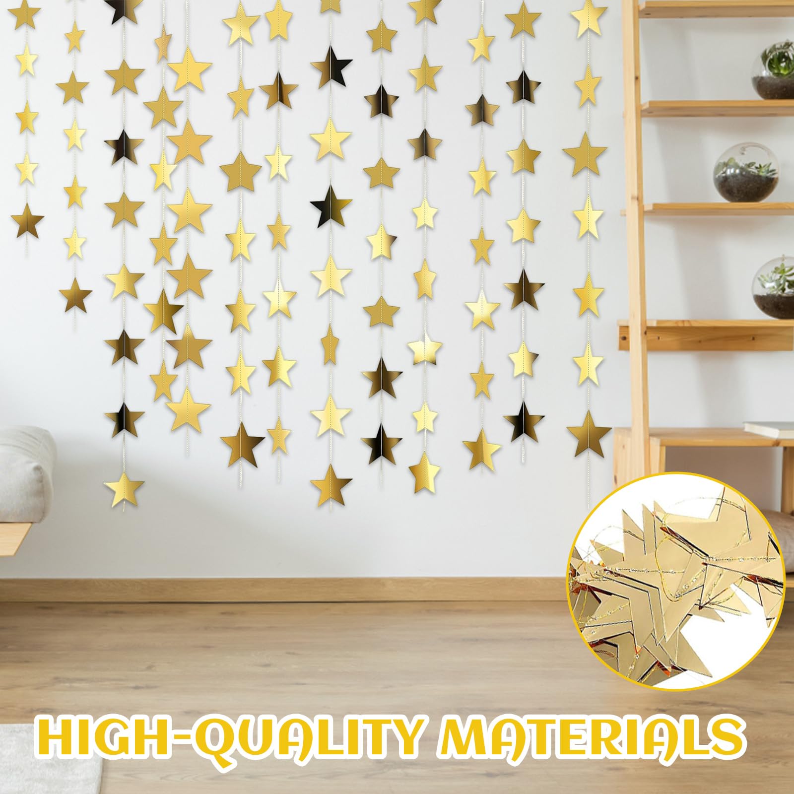 Star Garland, Gold Star Garland with 33 Reflective Stars, 52 Feet Hanging Stars Decorations for Party Wedding, Home Decor - Image 3