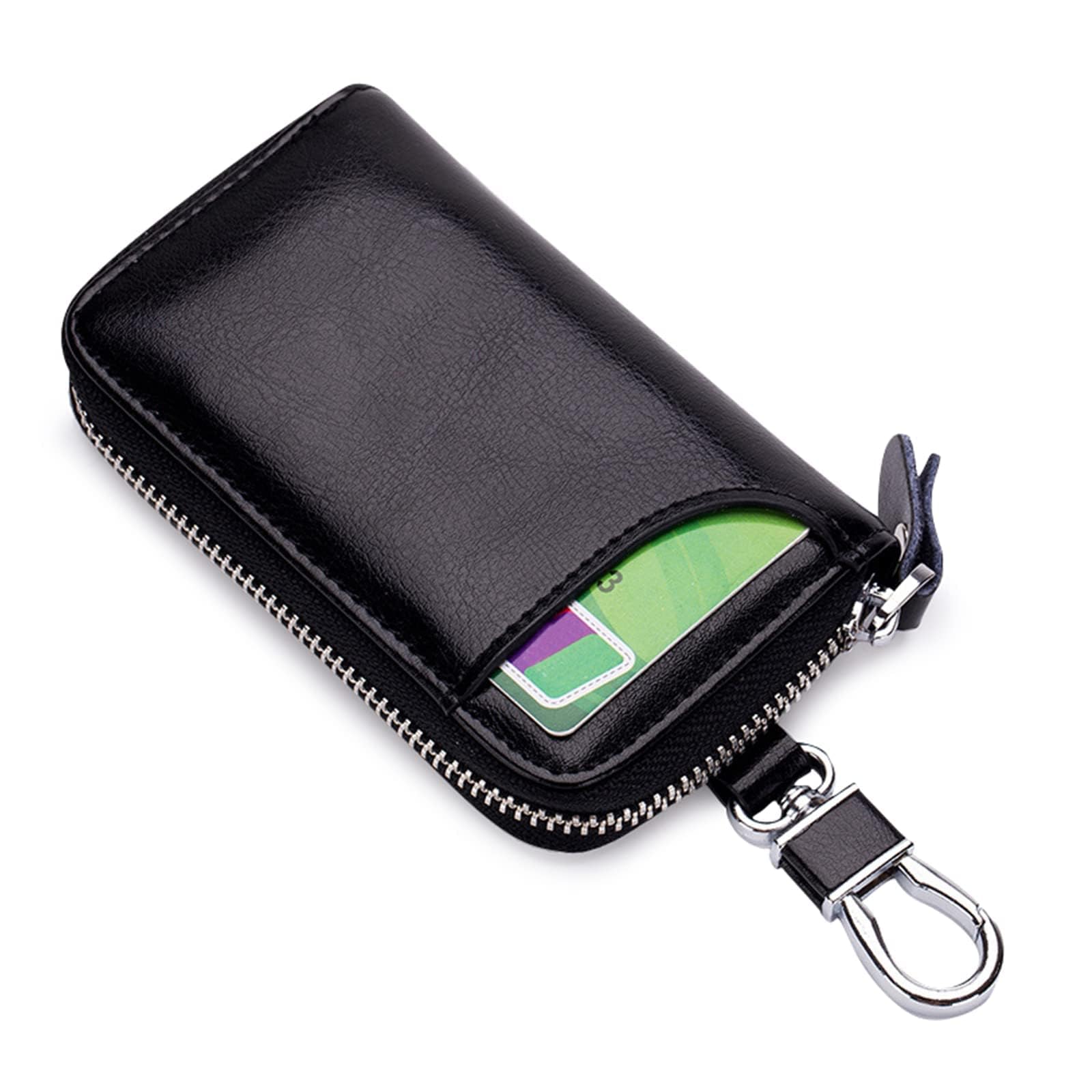 Khazna Leather Car Key Case, Genuine Leather Key Case, Car Key Bag, Key Pouch Portable Card Holder, Keychain Wallet with 6 Hook for Men Women, Black Keyring Zipper Bag