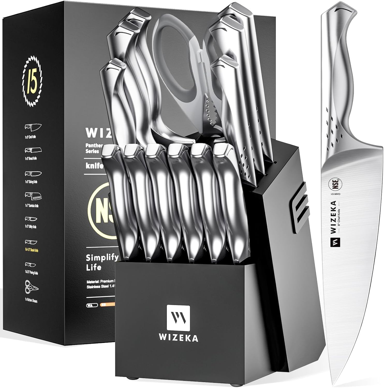Kitchen Knife Set with Block: Razor Sharp 15 Pcs Professional Chef Knife Set with Knife Sharpener, Food Grade German Stainless Steel Knife Block Set, Jaguar Series