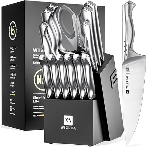 WIZEKA Kitchen Knife Set with Block: Razor Sharp 15 Pcs Professional Chef Knife Set with Knife Sharpener, Food Grade German Stainless Steel Knife Block Set, Jaguar Series