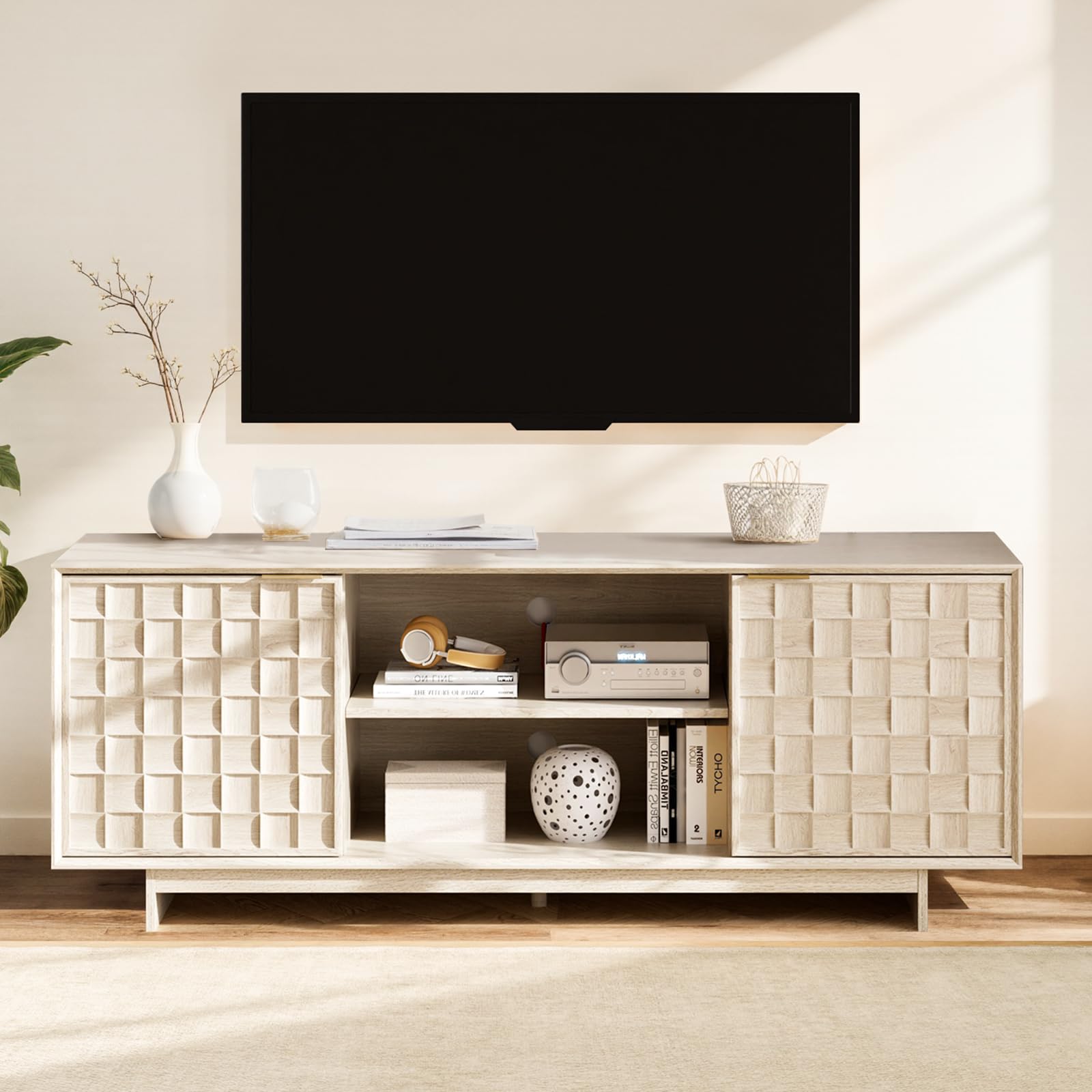 COLAMY TV Stand with Two Doors, Entertainment Center 59" with Adjustable Shelves and Storage, Mid-Century Modern TV Stand for 50/55/65 inch TV, Media