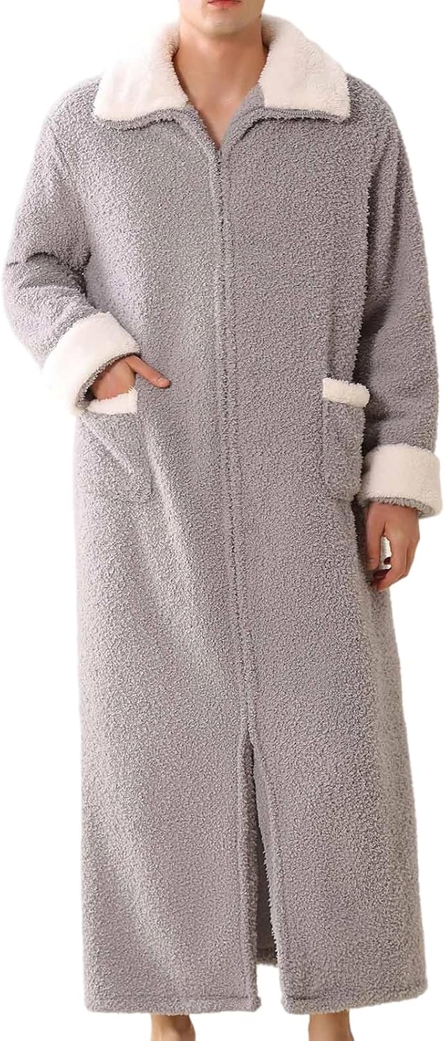 Men's Flannel Zip-Up Fleece Bathrobe Warm Long Plush Robe with Pockets Winter Nightgown Sleepwear for Cozy Home Spa