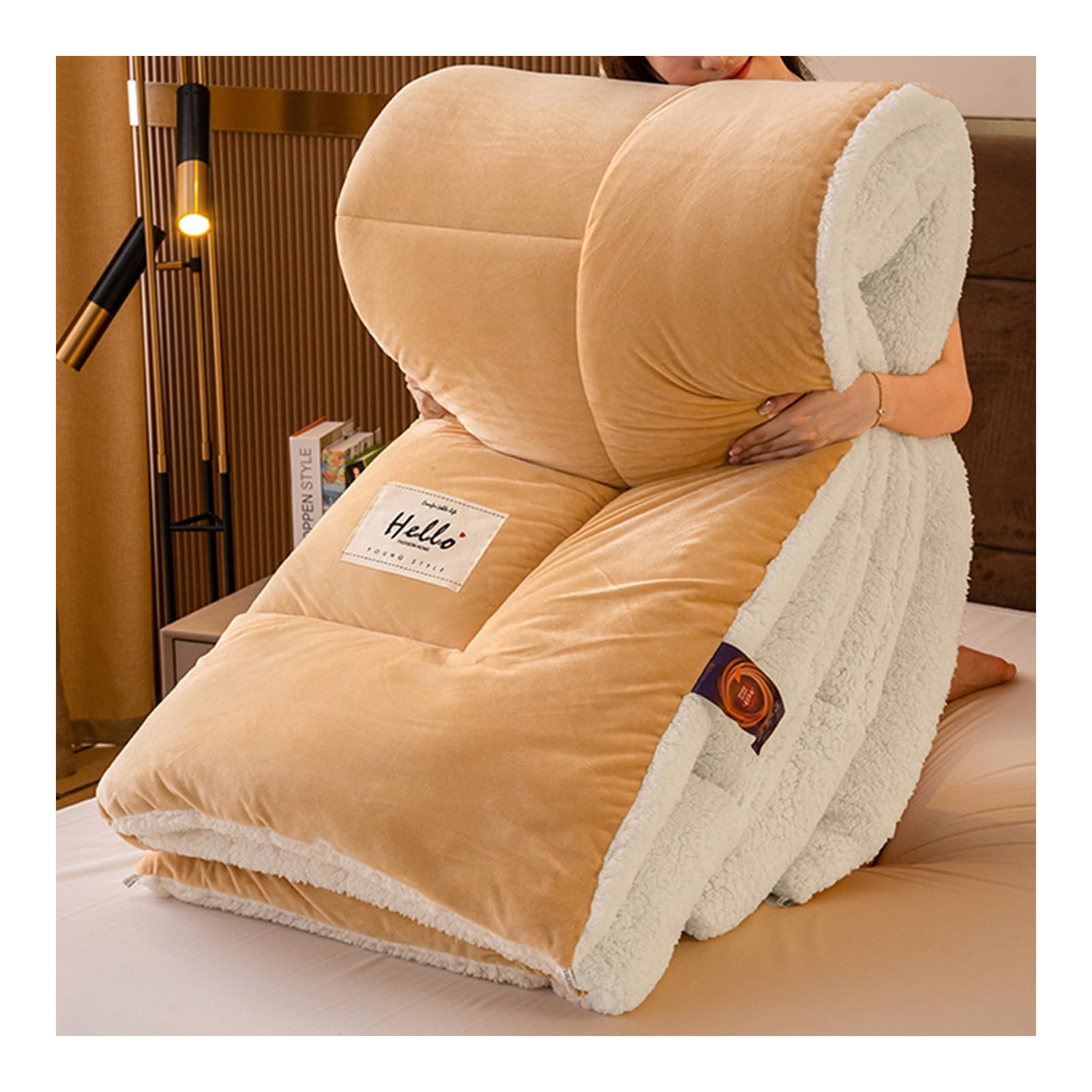 HonunGron Winter Quilt, Thickened Warm Blanket/Quilt Core, Super Warm Thickened Quilt, Lamb Wool and Flannel Double-Sided Fabric, Autumn and Winter Thickened Warm Quilt (Khaki,150x200cm-2.5kg)