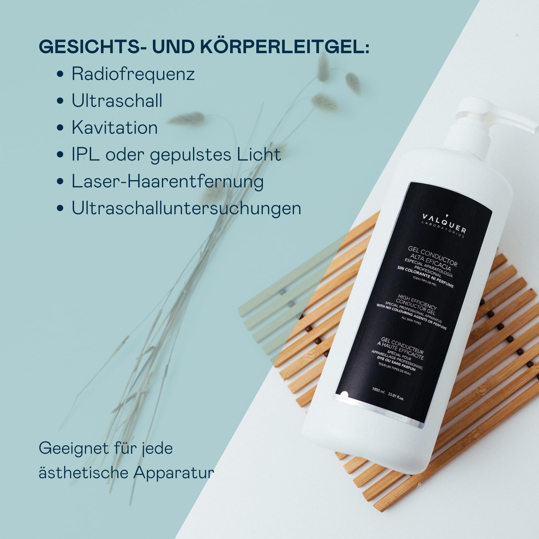 VALQUER Ultraschall-Leitgel für Gesicht und Körper | Professionelle Einsatz in Radiofrequenz-, Laser-Haarentfernung, Mikrostrom-, IPL- und Kavitation | Wasserbasiert, farb- und geruchlos | 2 x 1 L