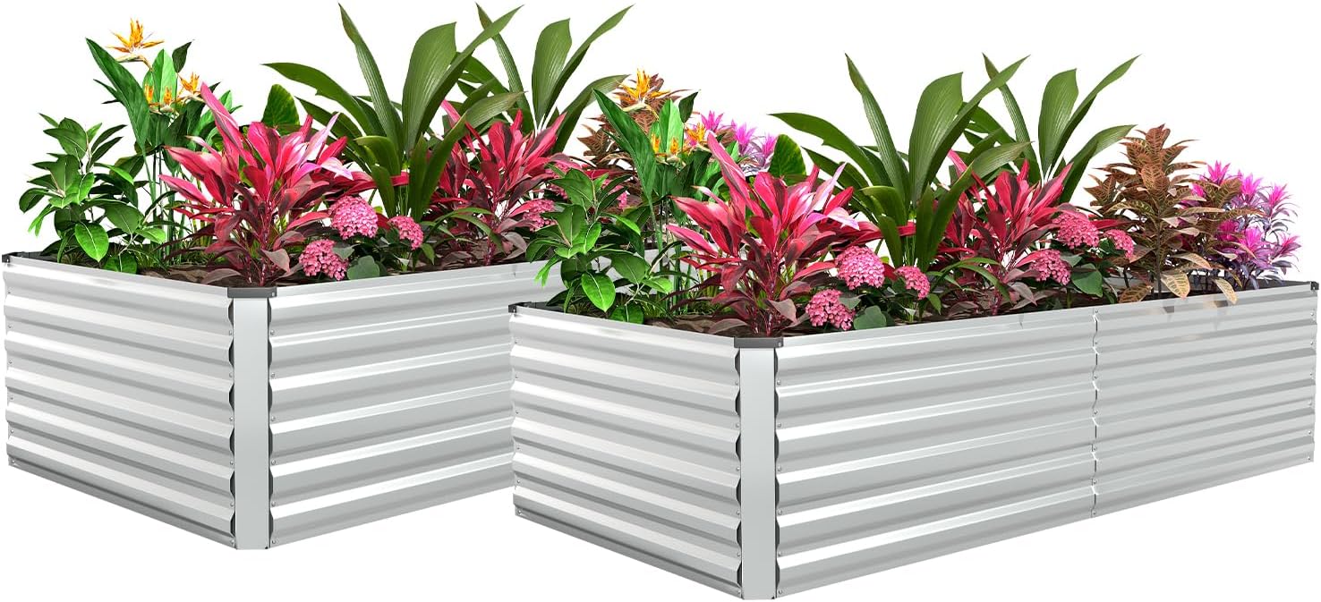 FOOWIN 2-Pack 8x4x2ft Galvanized Raised Garden Beds - 478 Gallon Metal Planters for Vegetables, Flowers, Herbs - Durable Outdoor Gardening Boxes, Silver