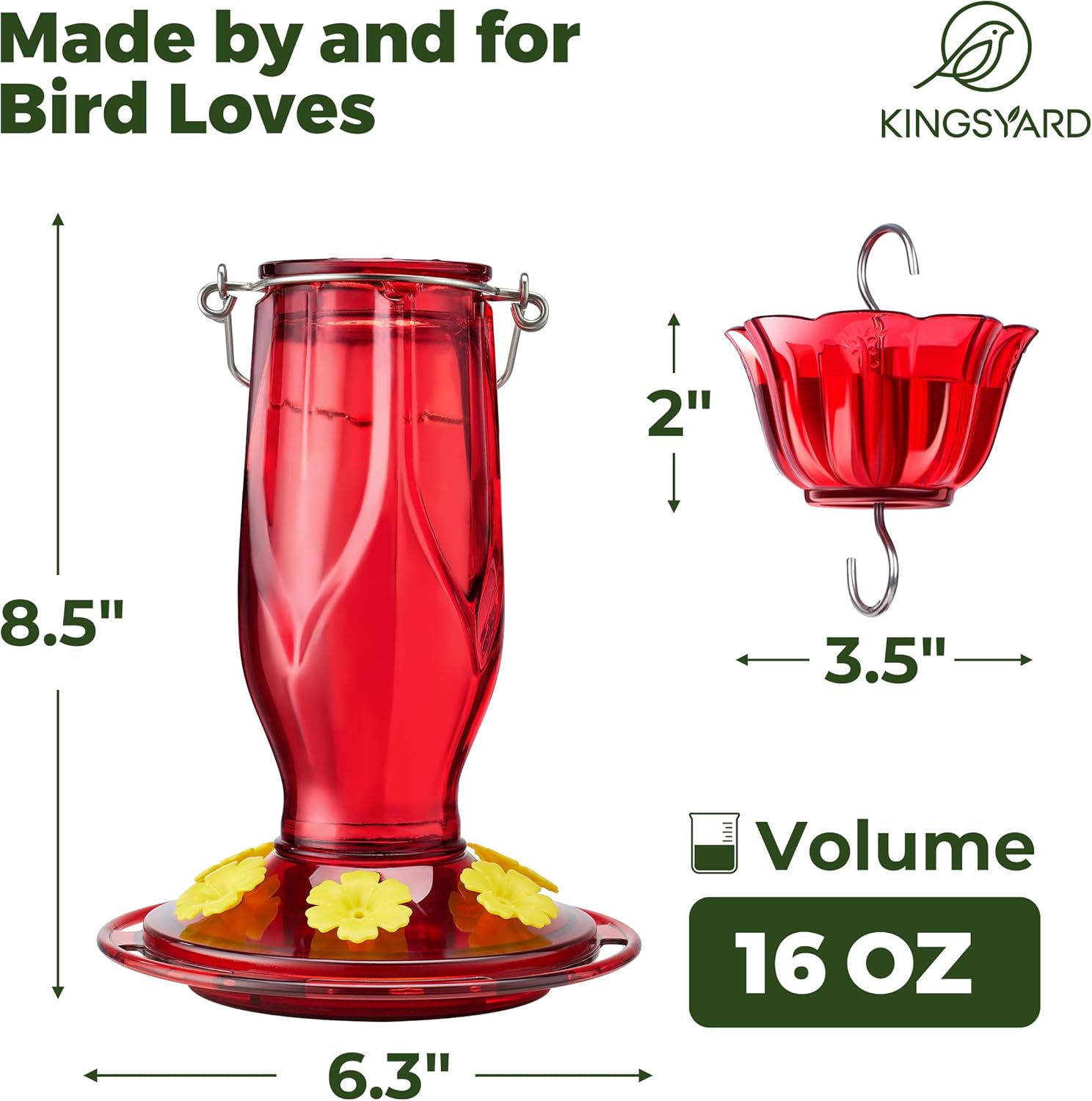 Kingsyard Glass Hummingbird Feeders for Outdoors Hanging, 6 Feeding Ports 16 Ounces Leakproof Bird Nectar Feeder for Garden Porch Fall Decorations, Easy to Refill & Clean, Ant Moat Included, Red - Image 5