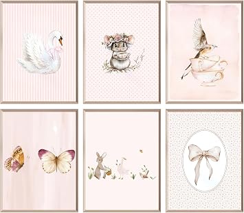 6Pcs vintage Cottagecore Nursery Wall Art Baby Girl Room Pastel Wall Decor Pictures Farmhouse Goose Mouse Butterfly Bird Rabbit Bow Canvas Posters Prints for Bedroom Home Decoration 8 * 10in Unframed