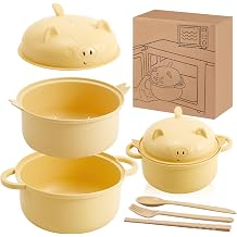 1 Set Large 45oz Cute Pig Ramen Bowl Set Microwavable Cooker, Yellow | Wheat Straw Microwavable Ramen Bowl with Strainer Lid Spoon Chopsticks, Noodle Cooker Back to School Gift for Dorm College