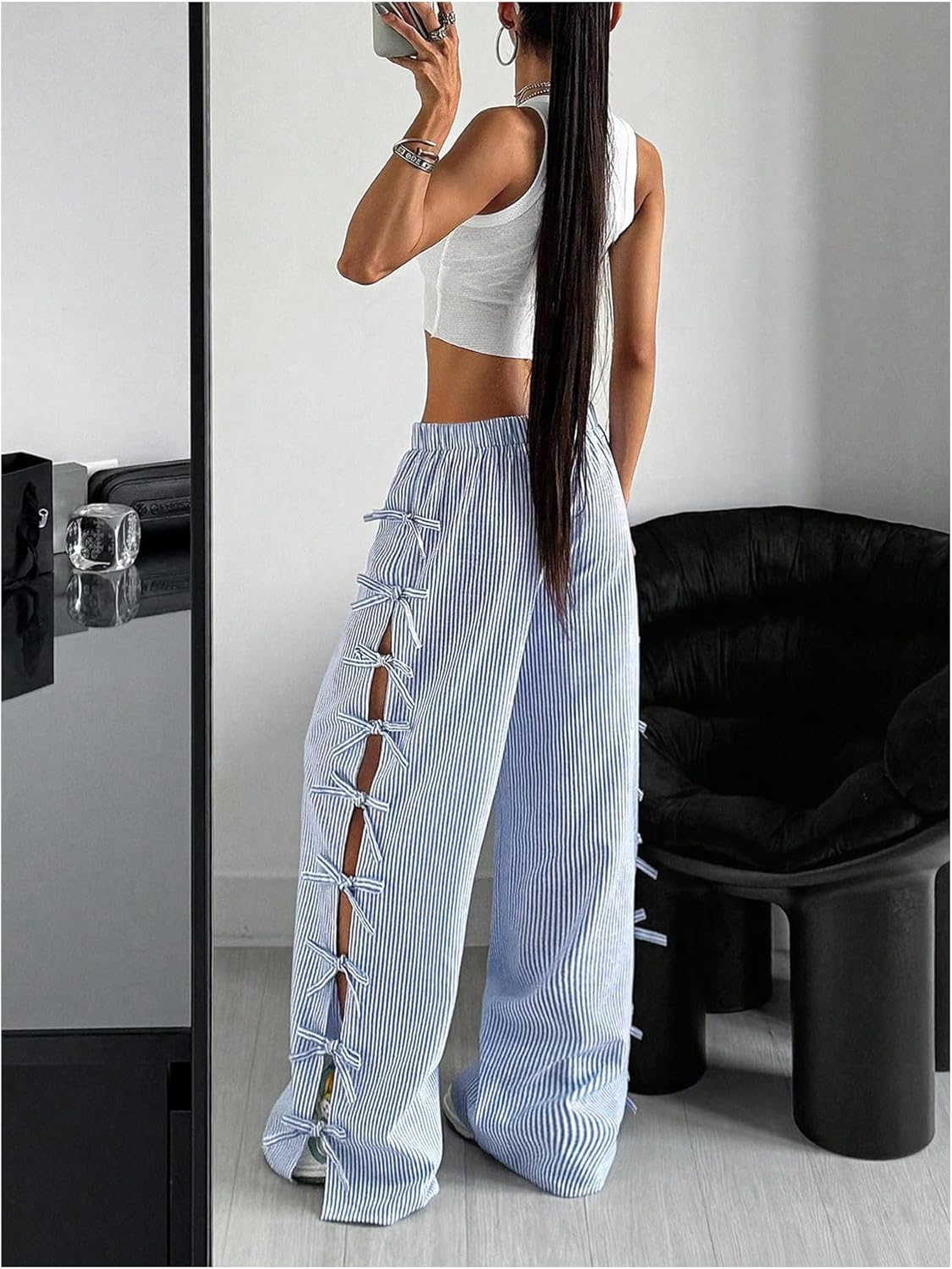 Verdusa Wide Leg Linen Pants for Women Striped Bow Baggy Hiking Pants Long Trousers - Image 2