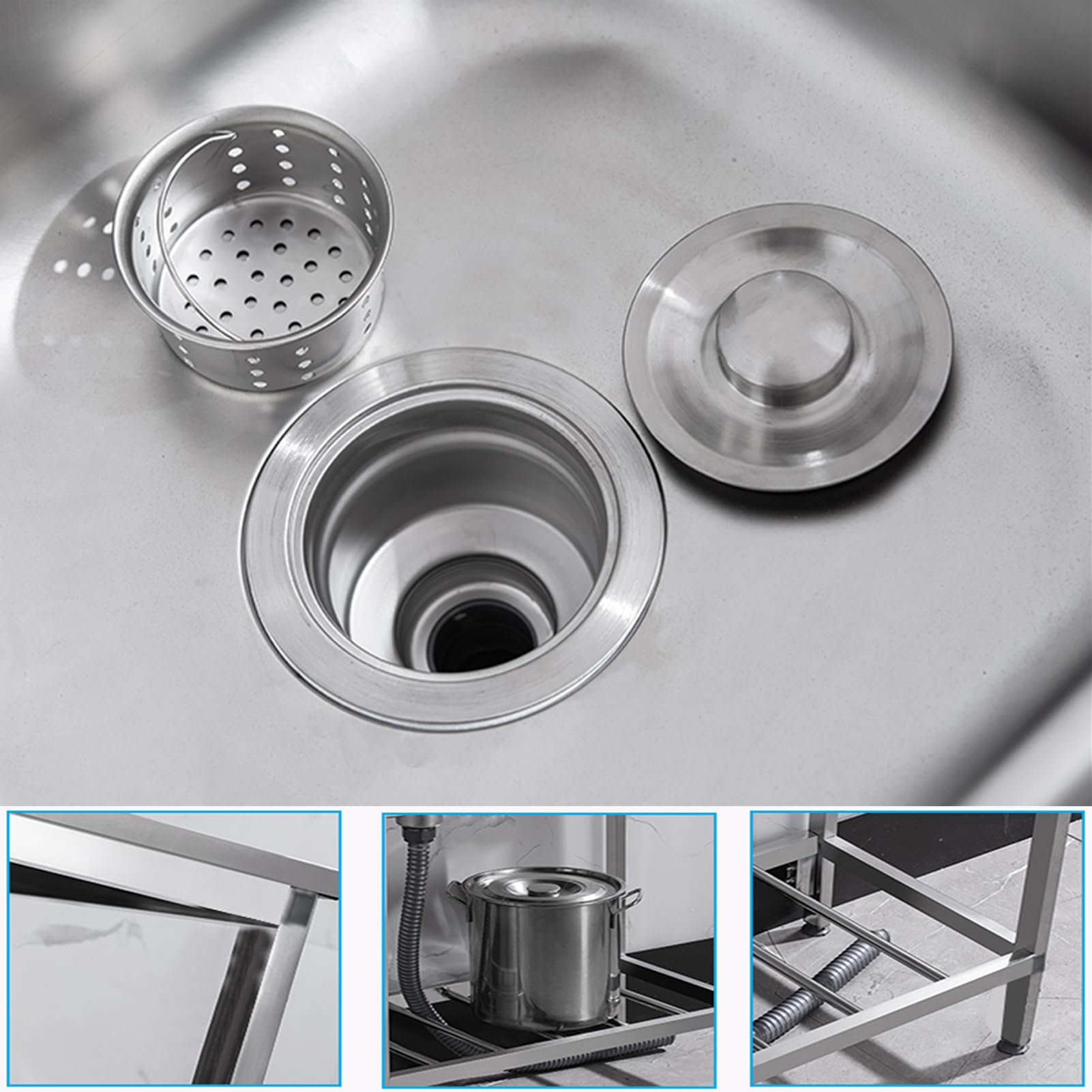 Lavello autoportante con Piano di Lavoro, Rubinetto da Cucina in Acciaio Inox per Acqua Calda e Fredda, Kit di Scarico Portatile per Garage e Giardino.