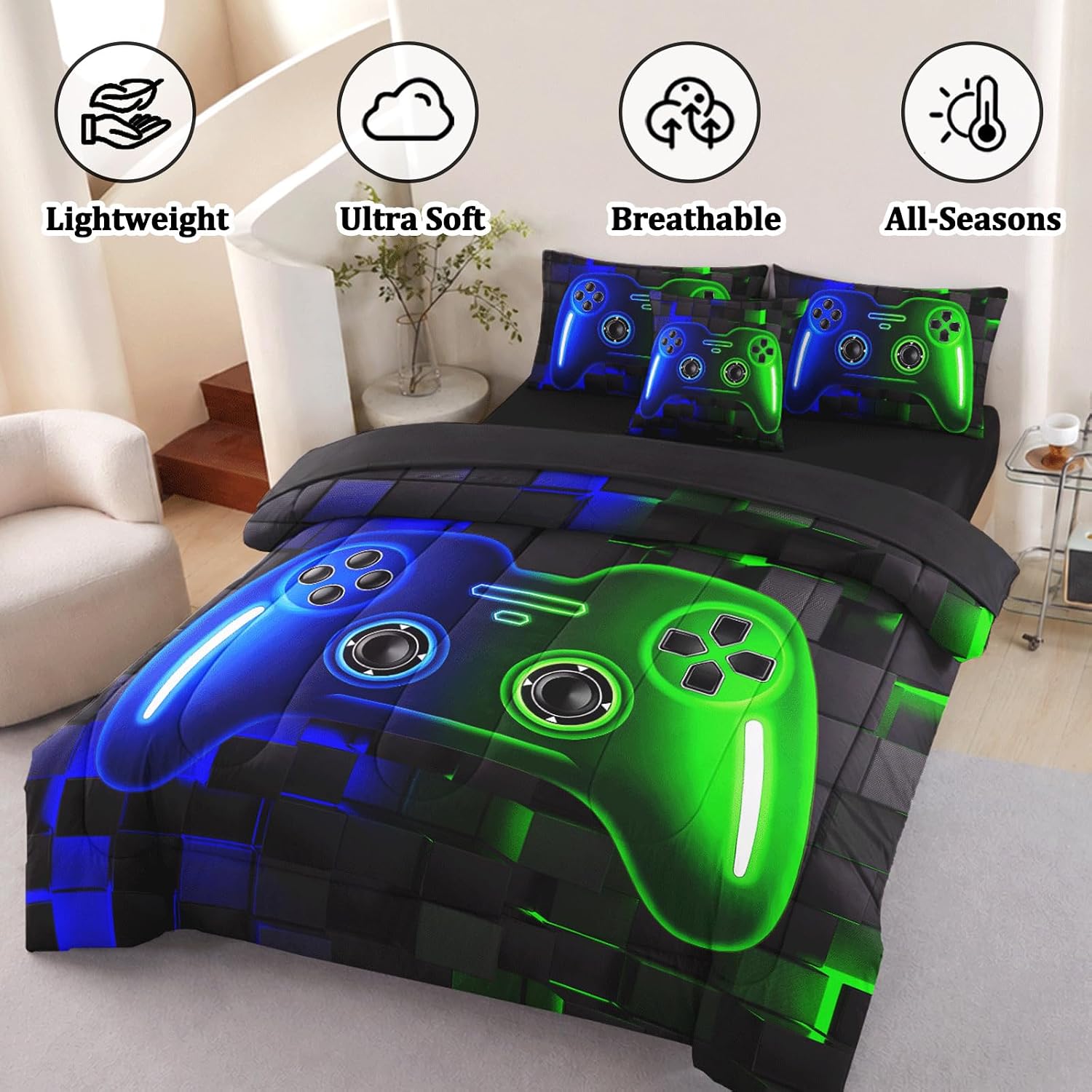 6 Pcs Full Bedding Set for Boys, Blue Green Gamer Comforter Set Full, Microfiber Comforter Sets for Boys Teens, Gaming Bedding Sets with Sheets