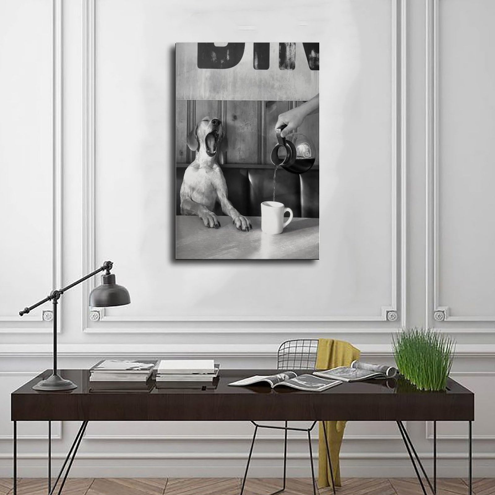 Póster de lienzo retro en blanco y negro con diseño de perro bebiendo café, decoración de dormitorio, paisaje, oficina, habitación, regalo, 40 x 60 cm