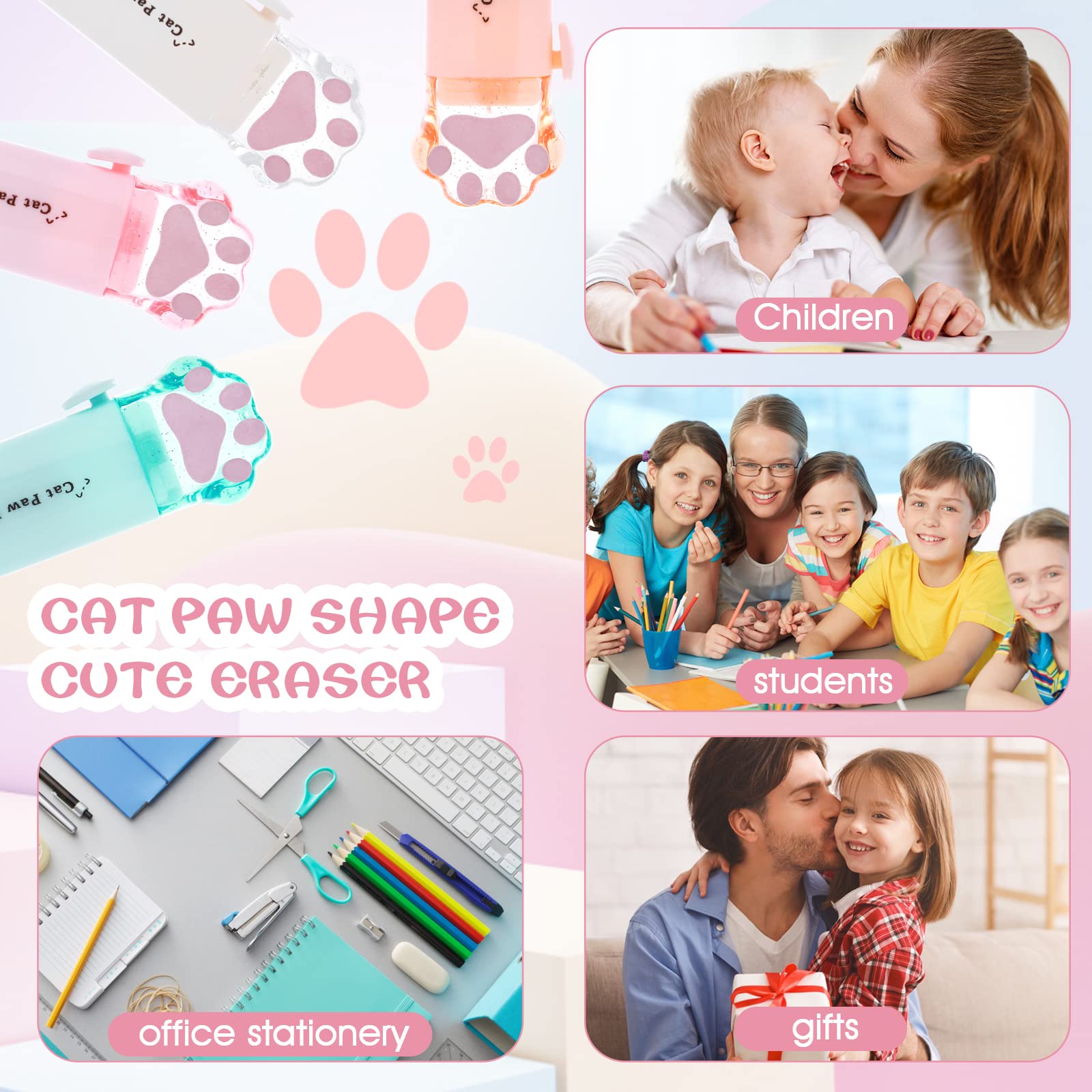 4 Pezzi Cancelleria Kawaii Zampa Di Gatto | 2 Gomme Retrattili E 2 Temperamatite | Simpatici Accessori Scolastici Per Bambini (Rosa E Bianco)
