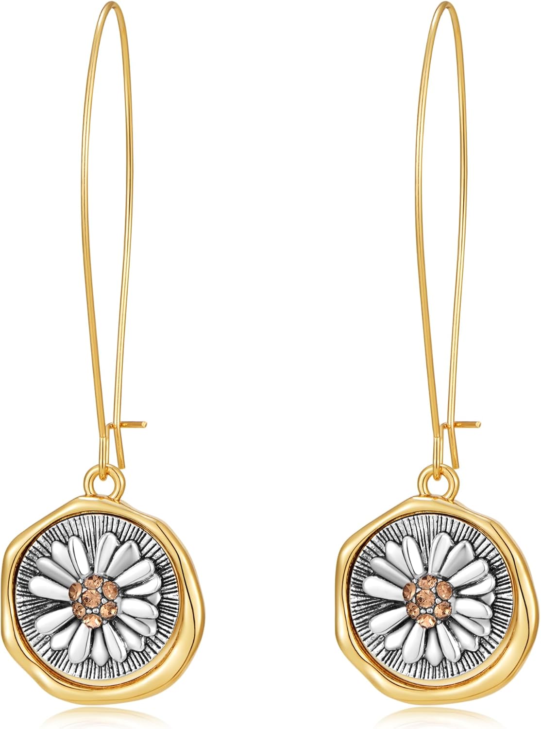 Two Tone Daisy Dangle Earrings For Women Cute Vintage Flower Statement Earrings Gold And Silver Hammered Boho Daisy Flower Jewelry Gifts