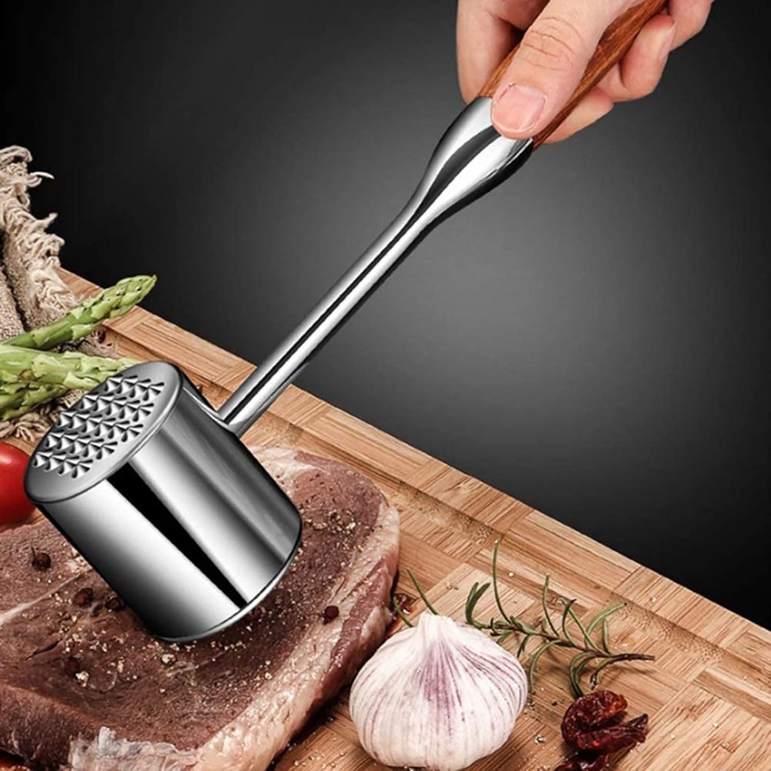 Food Hammer Meat Tenderizer Tool - Meat Mallet Hammer Stainless Steel - Heavy Meat Pounder Dual Sided with Wood Handle