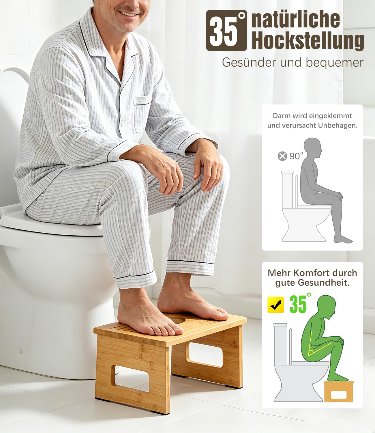 Toilettenhocker aus Bambus Holz für Erwachsene, Klohocker mit Anti-Rutsch-Pads, Ergonomischer WC Hocker für Badezimmer
