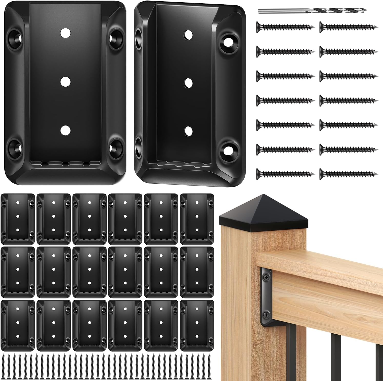 20 Pack Deck Railing Bracket Connectors for 2"x4" (Actually 1.5"x3.5") Wooden Post, Premium Nylon 6/6 Rail Bracket with 140 Sturdy Galvanized Black Screws for Stair Fence Railings Handrail