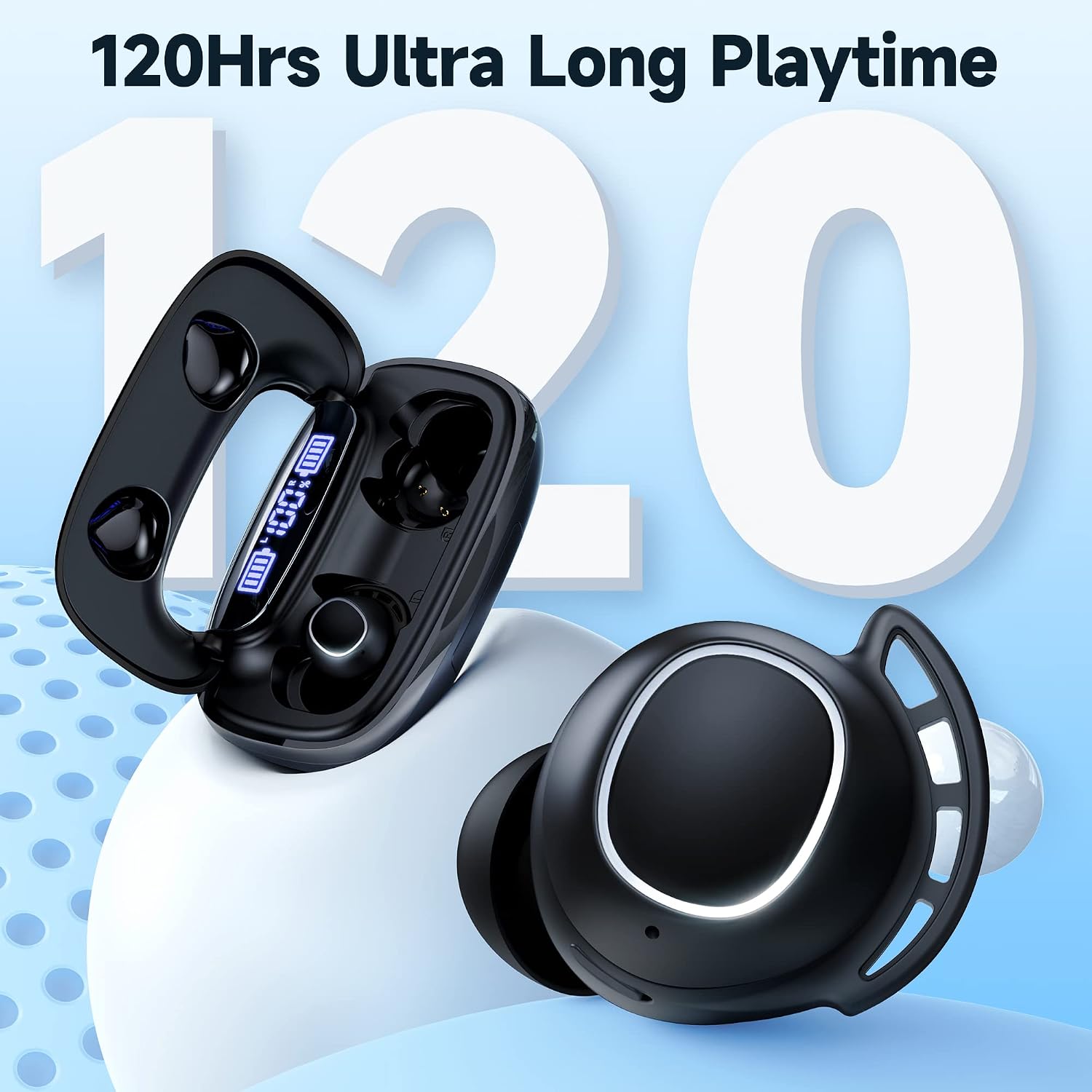 wireless earbuds bluetooth headphones 120h playtime ipx7 waterproof in ear earphones power display ear buds with mic and 2600mah charging case for spo