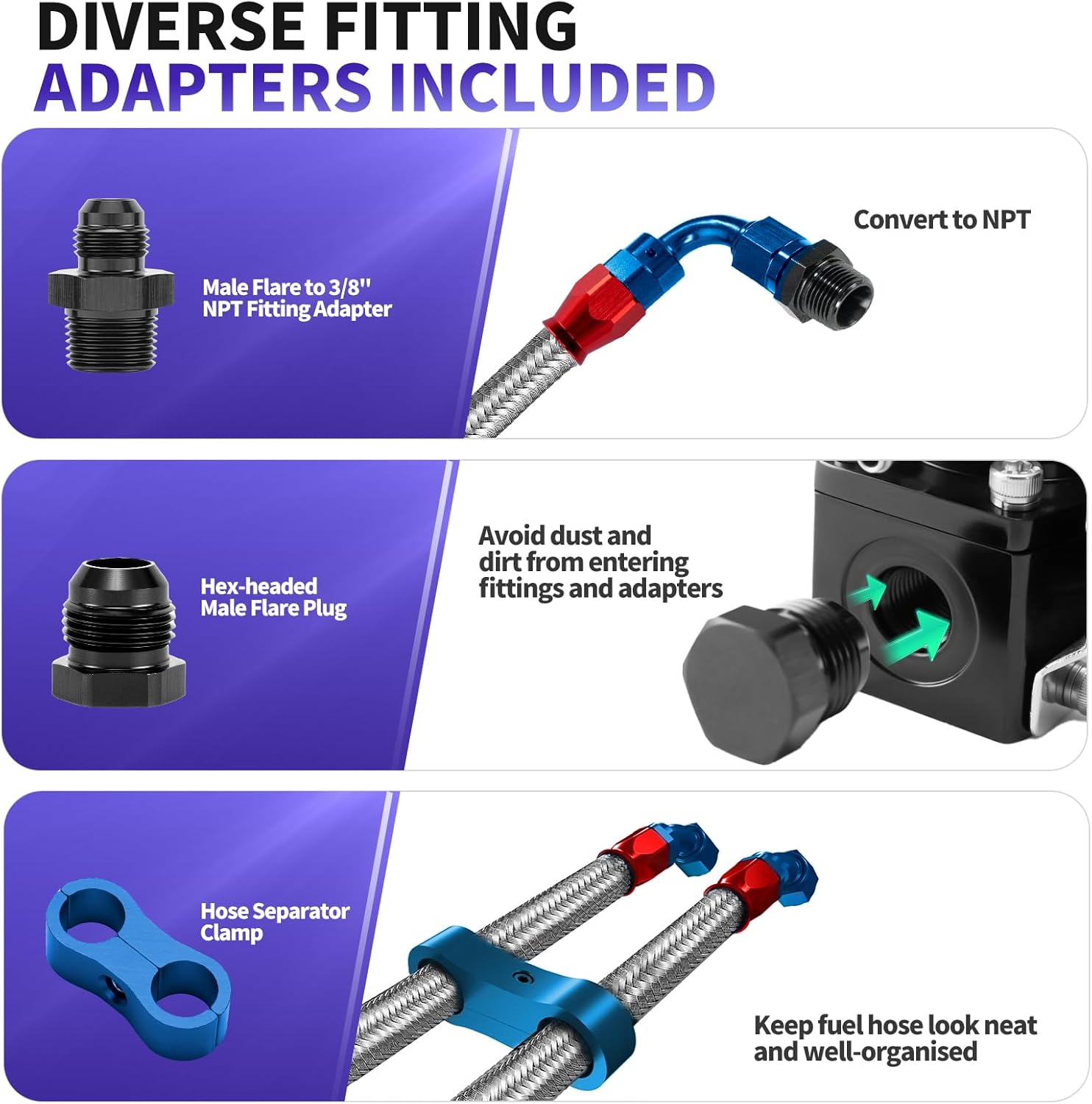 6AN 20FT PTFE Fuel Line Kit AN6 E85 Stainless Steel Braided Fuel Injection Hose with PTFE Hose-end Fitting and Adapters (20FT Silver)