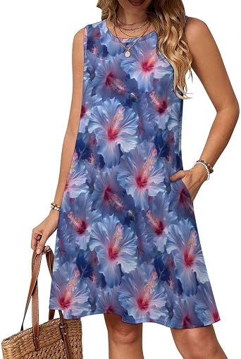 Womens Casual Sleeveless Crew Neck T Shirt Dresses Floral Print Tank Loose Sundress with Pocket