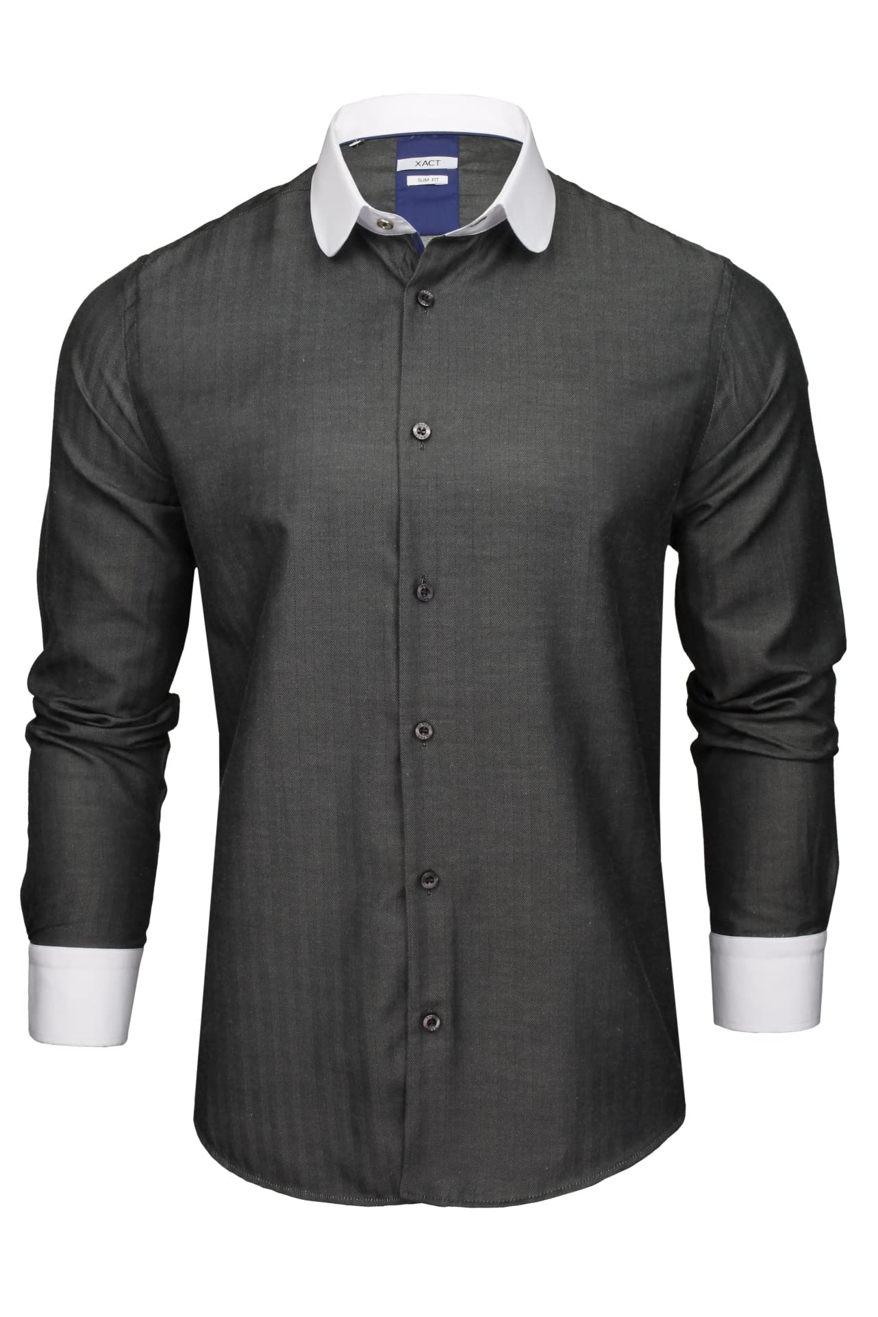 Xact Men's Herringbone Anthracite Club/Penny Collar Shirt - White Contrast Collar & Cuffs (Herringbone Anthracite) L